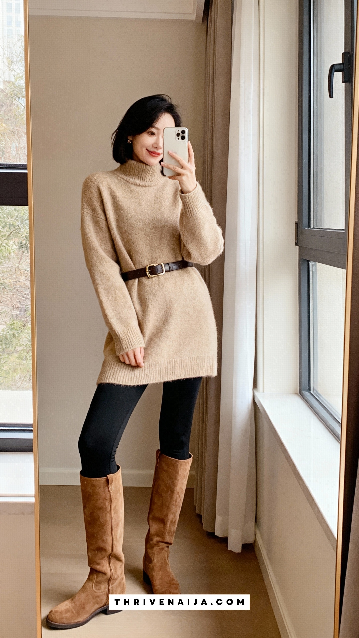 Beige Sweater Dress over Leggings with Knee-High Boots