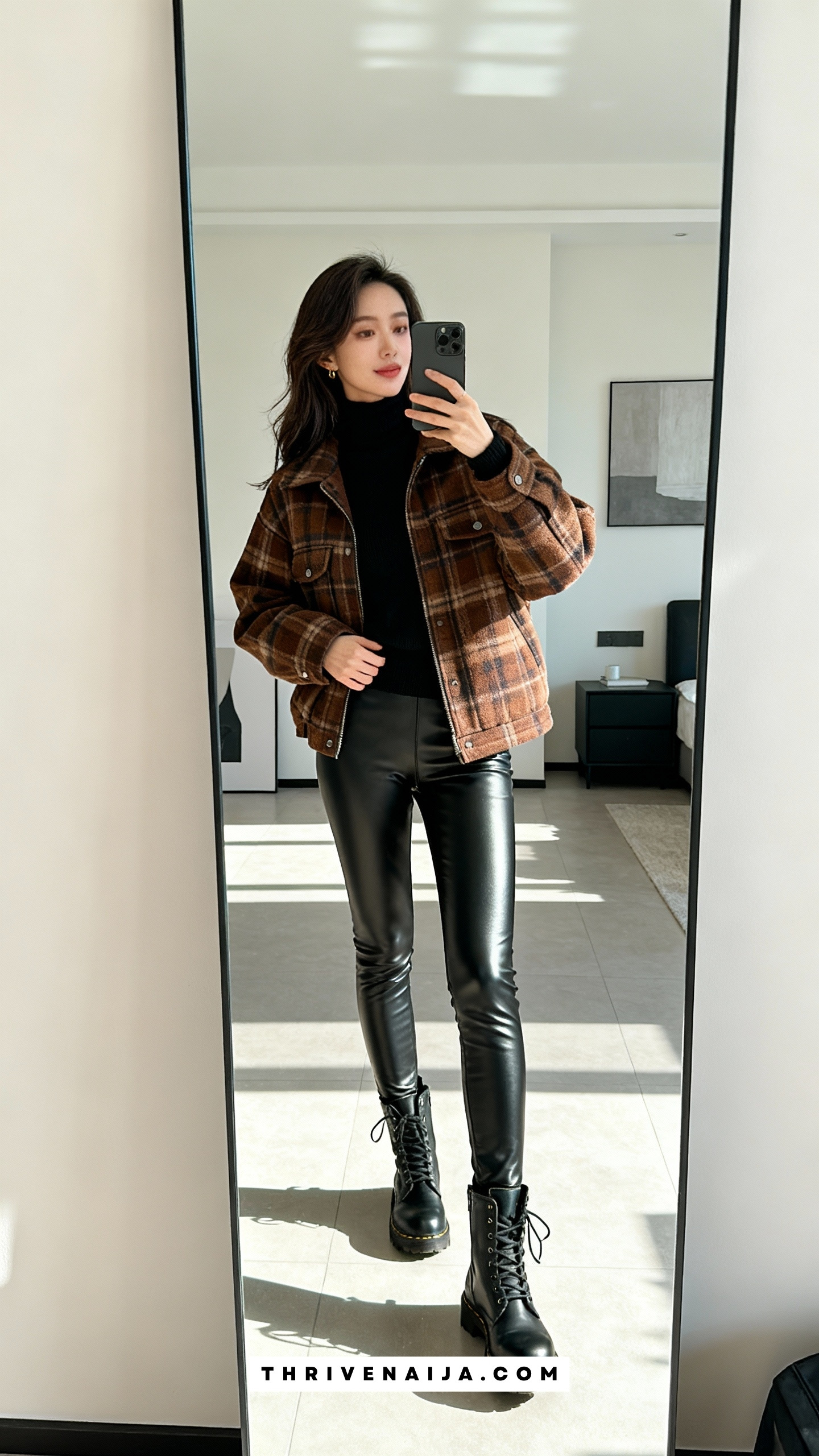 Black Turtleneck with Plaid Shacket and Faux Leather Leggings