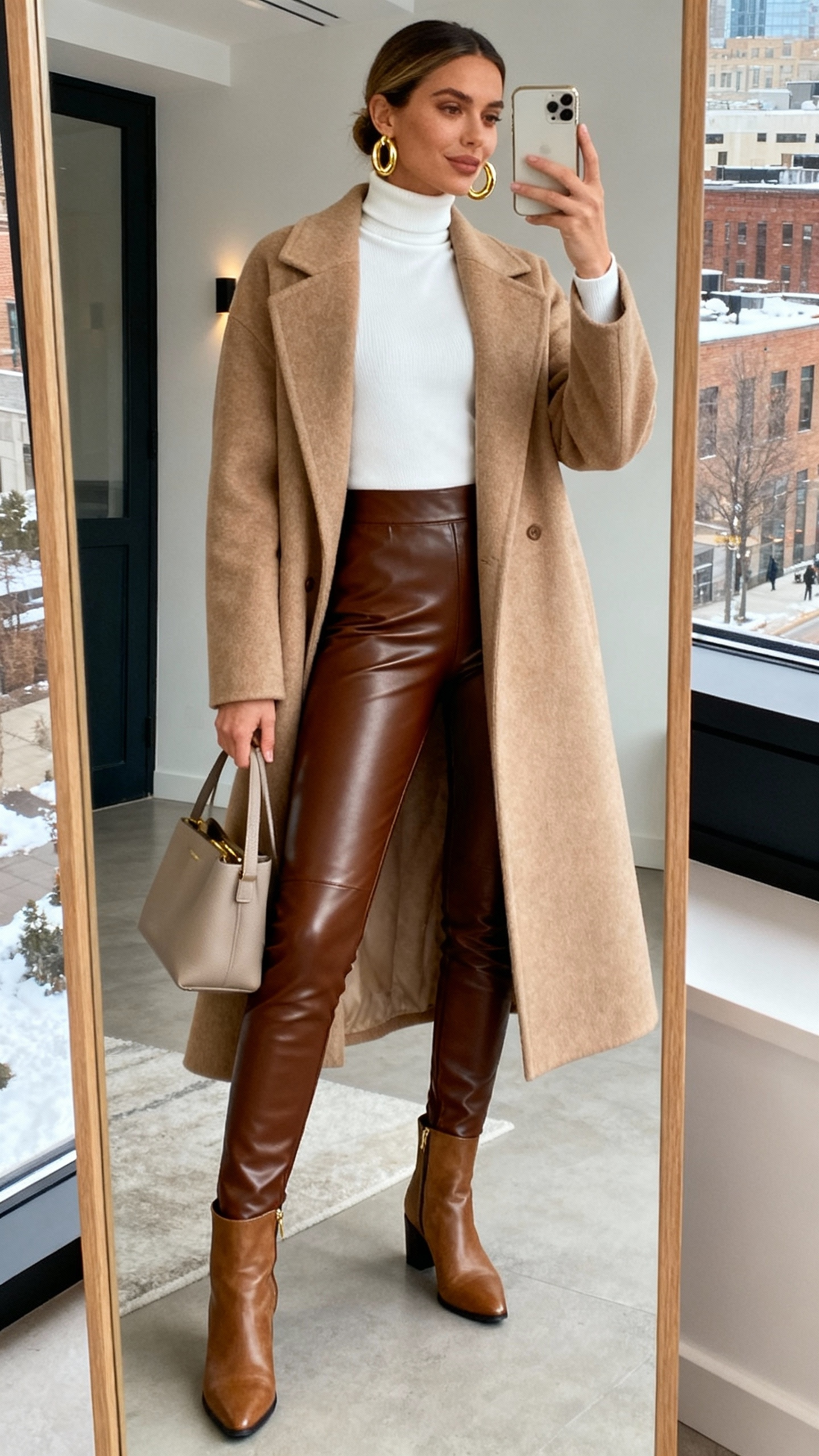 Brown Leather Leggings with White Turtleneck and Long Coat