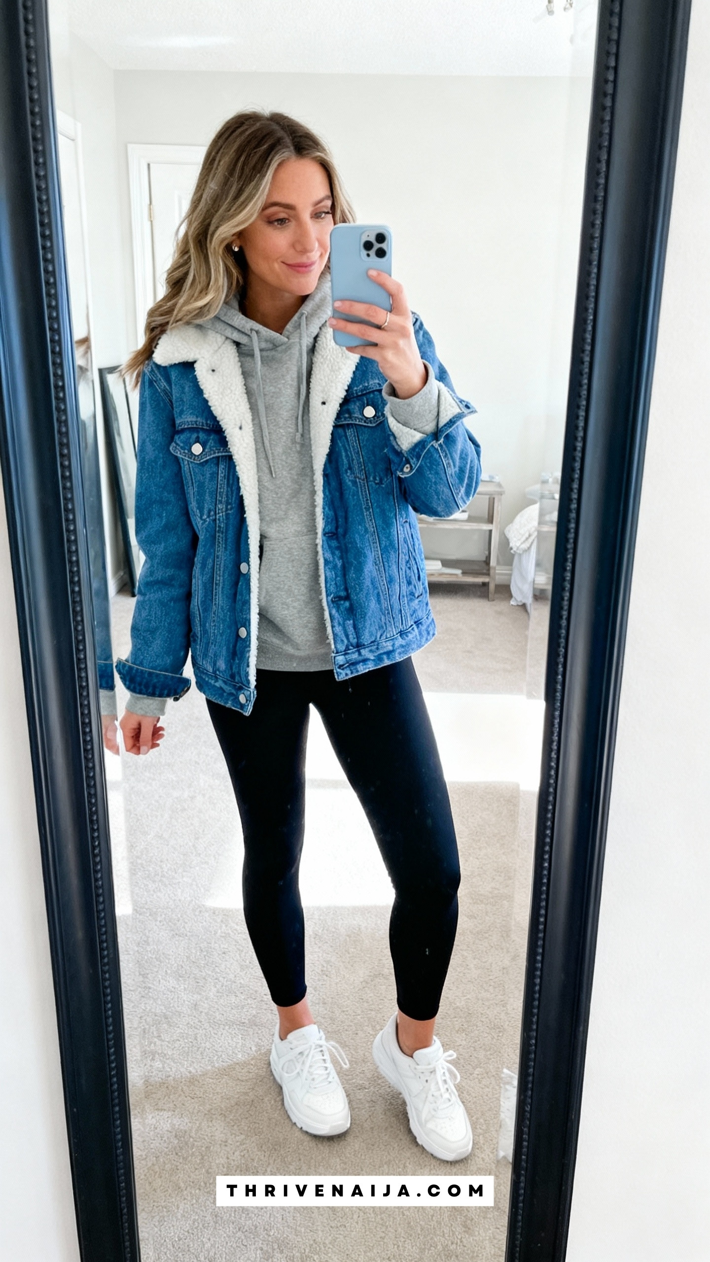 Denim Jacket Layered Over Hoodie with Leggings