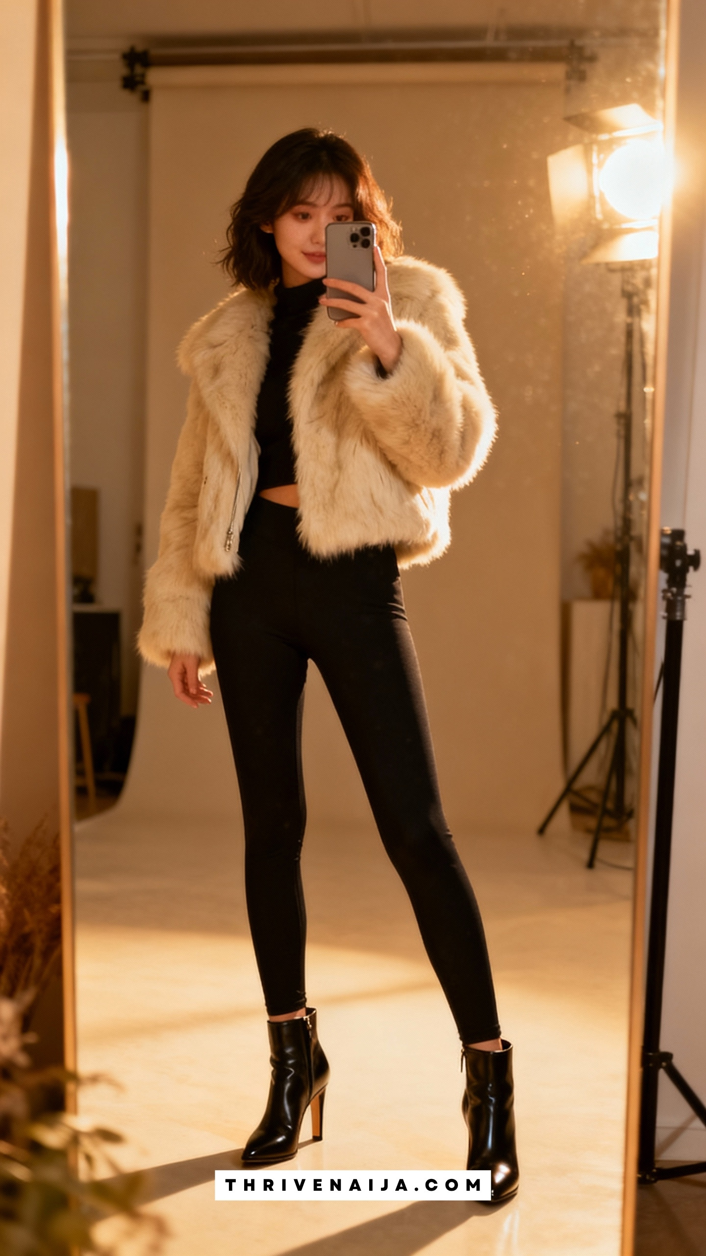 Faux Fur Jacket with Leggings and Heeled Boots