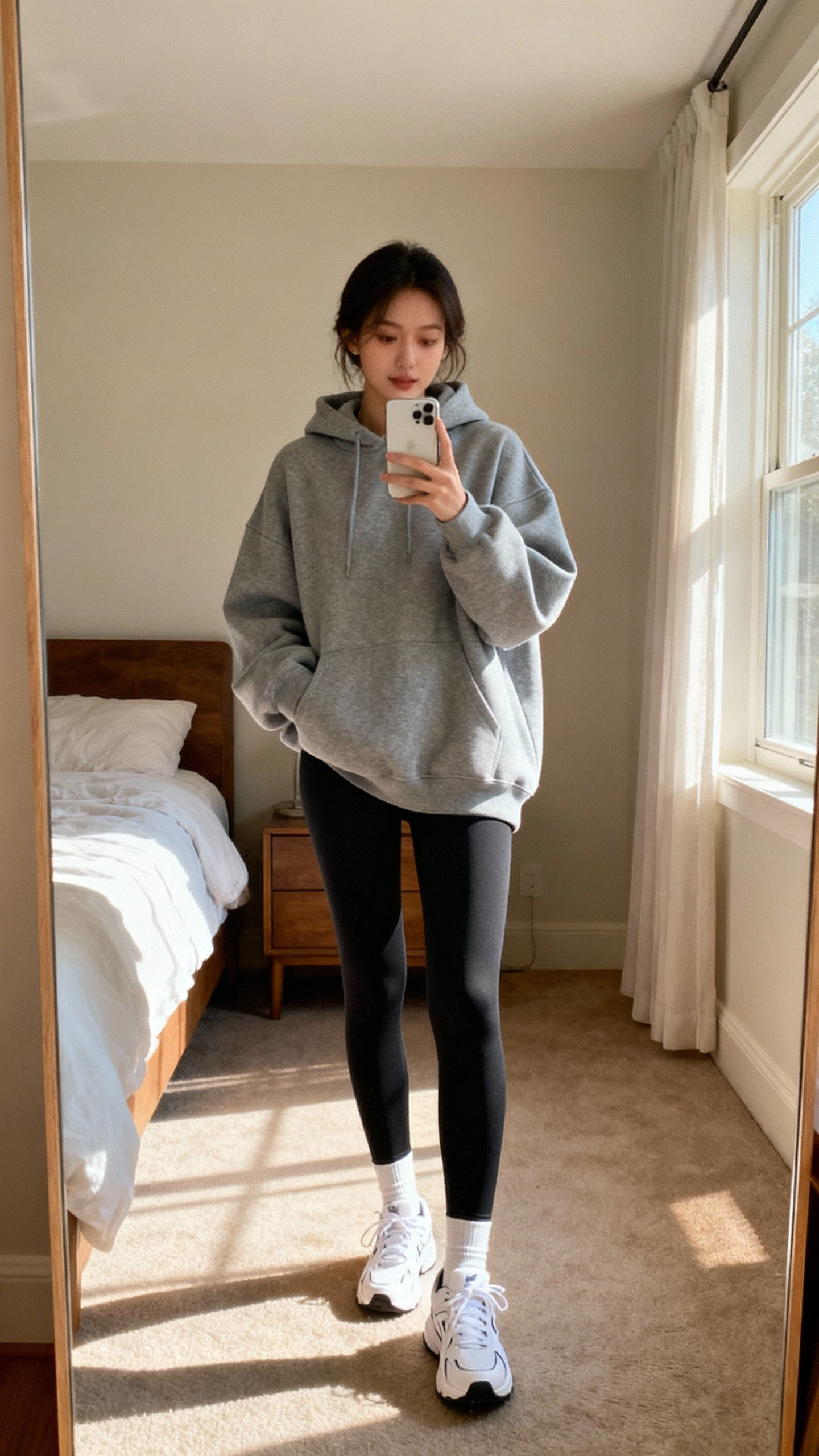 Gray Oversized Hoodie with Black Leggings and White Sneakers