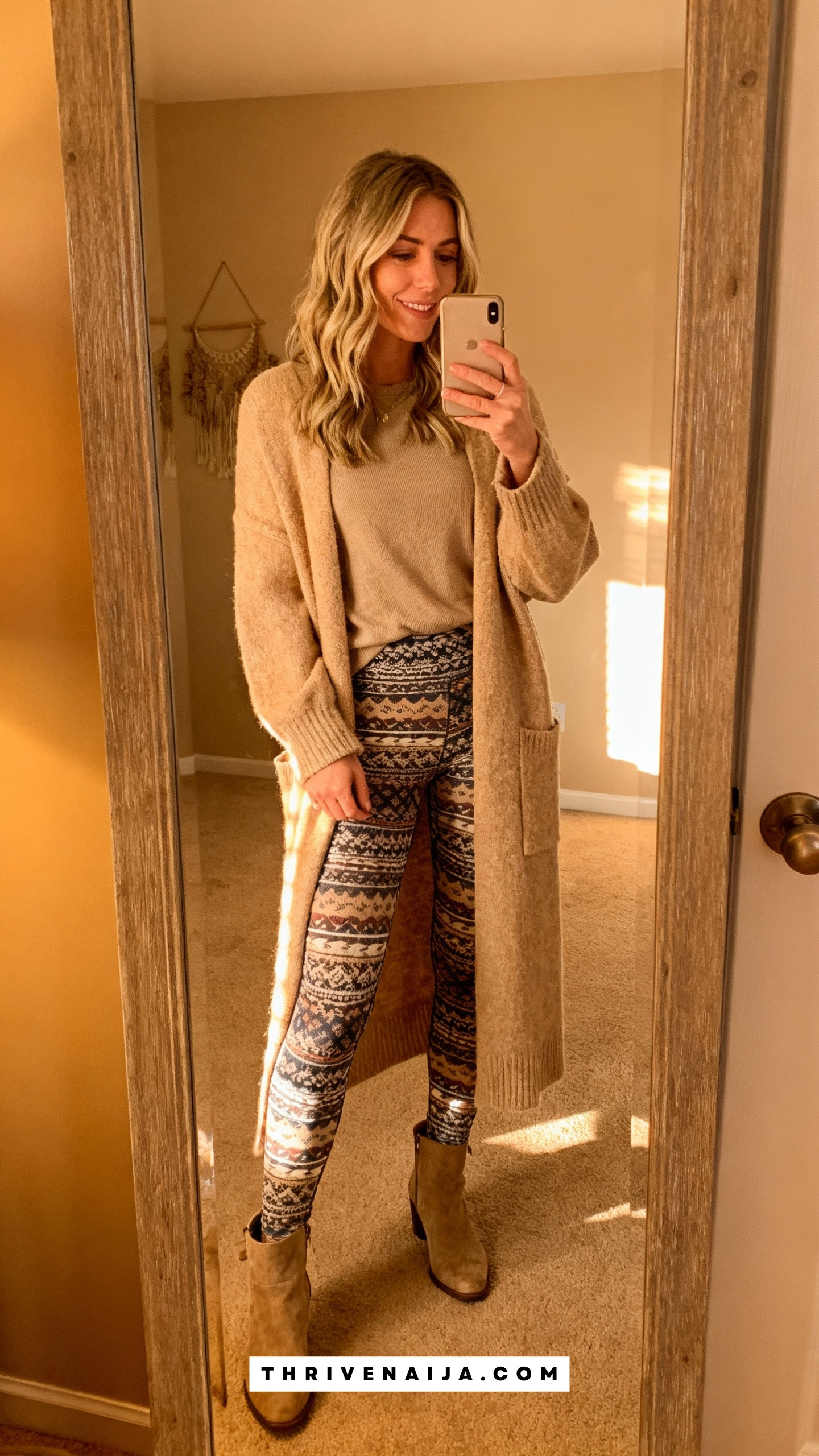 Longline Cardigan with Printed Leggings and Ankle Boots