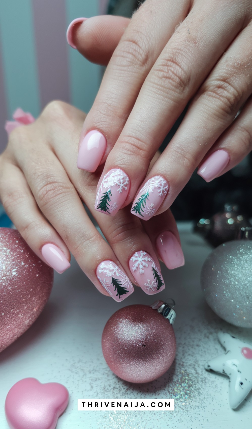 Christmas Tree Pretty Pink Nails