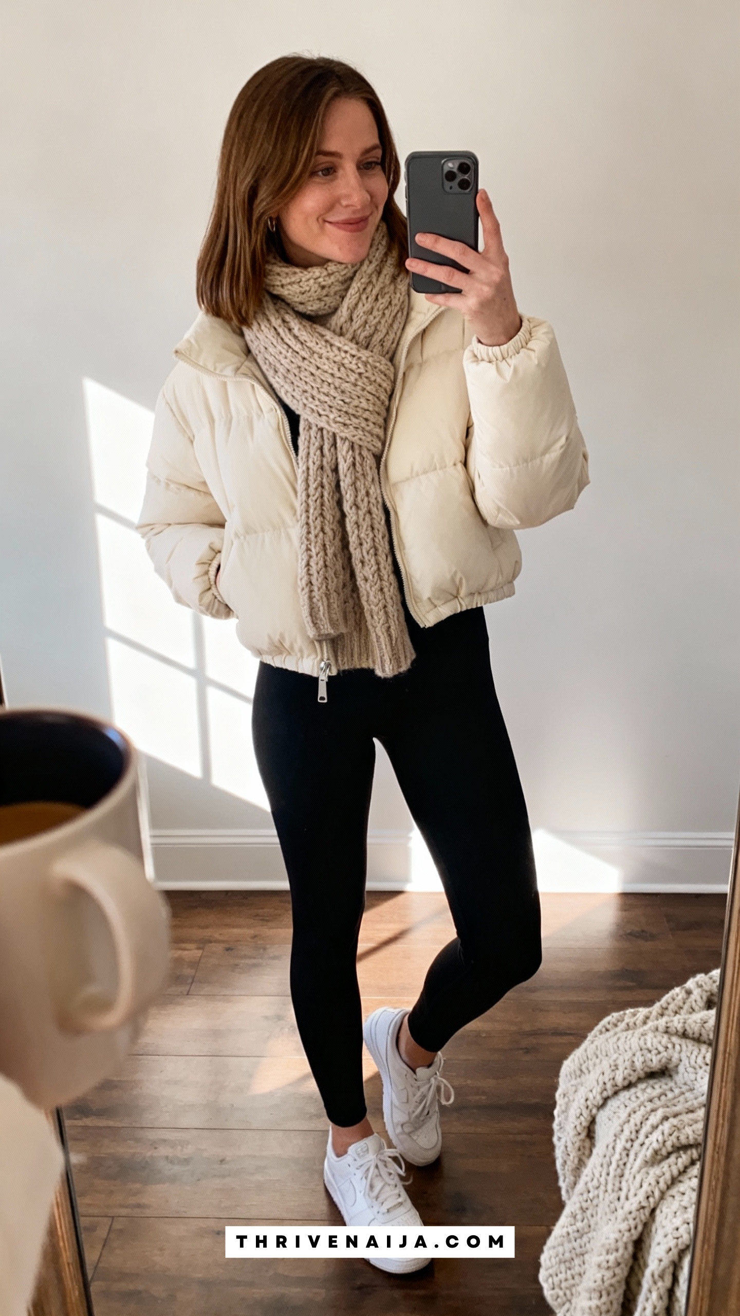 Puffer Jacket with Leggings and Chunky Scarf