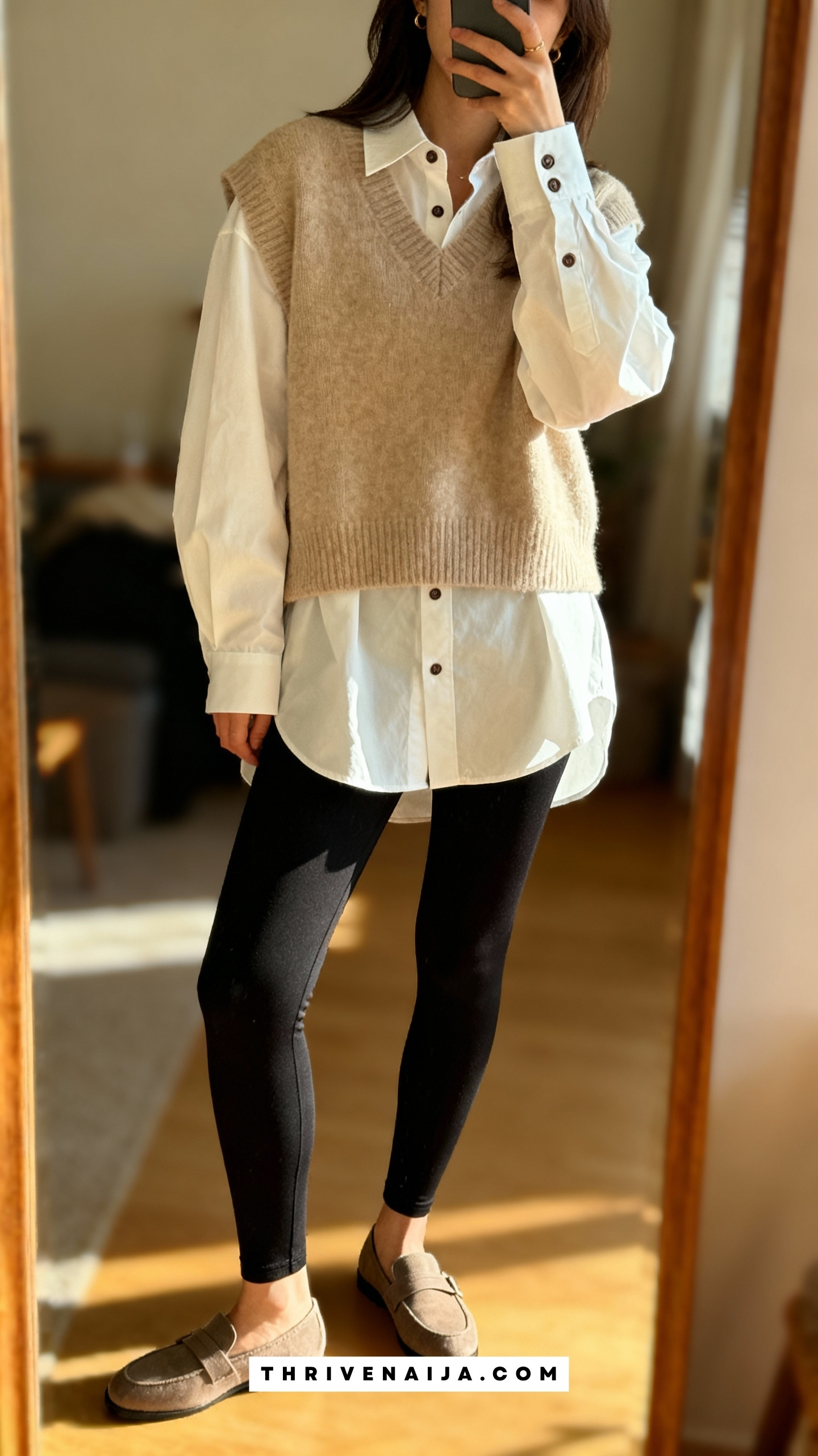 White Oversized Button-Up Shirt with Sweater Vest and Leggings