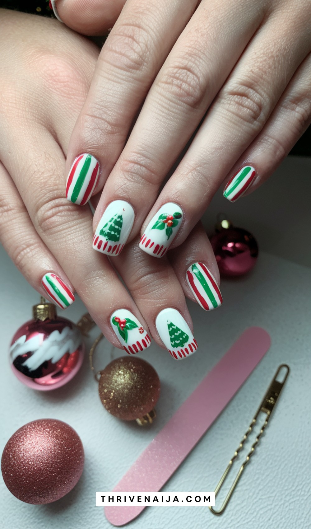 White Nails With Christmas Design