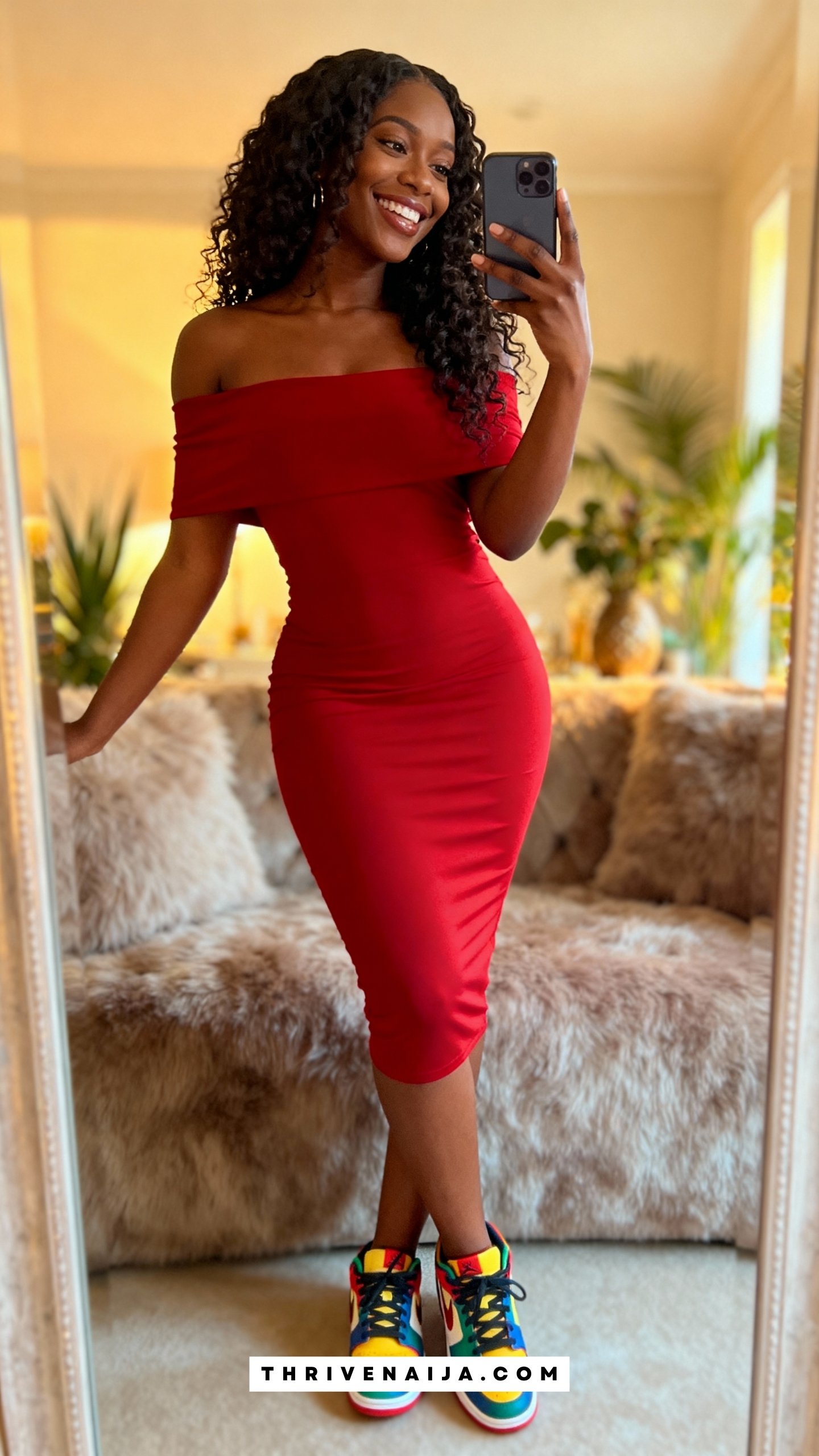 Off-Shoulder Dress with Colorful Sneakers