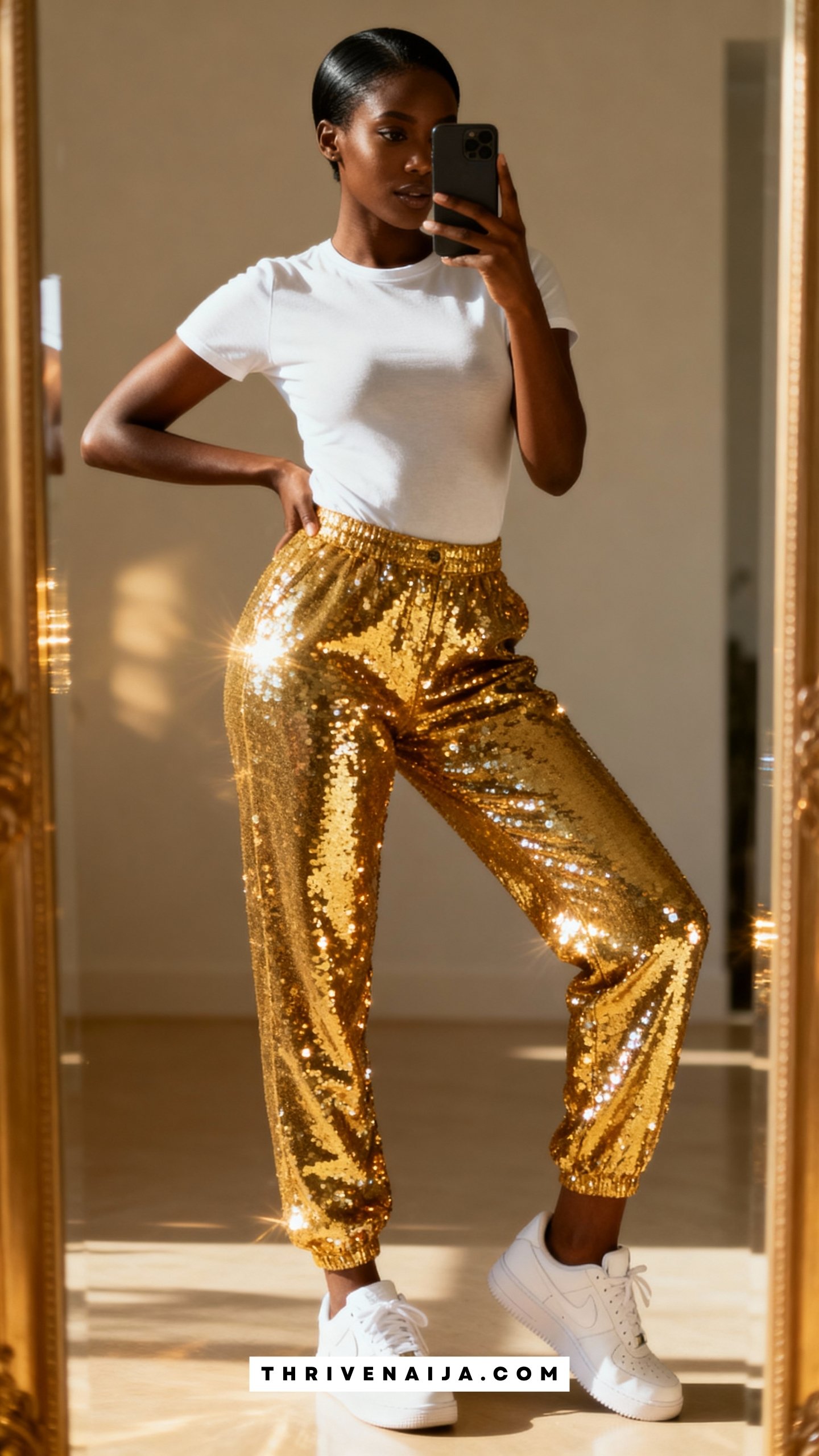 Sequin Pants with Basic Tee and Sneakers