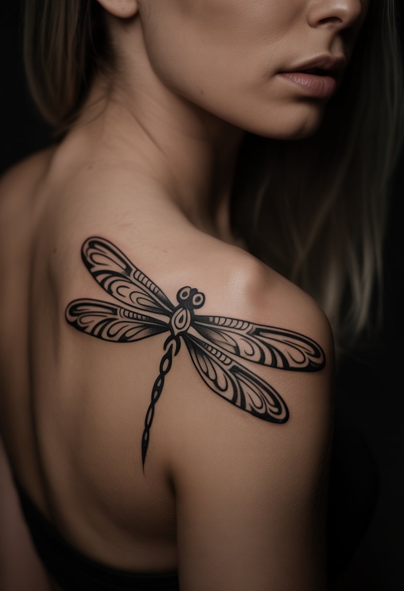 Black Ink Tribal Dragonfly Tattoo
