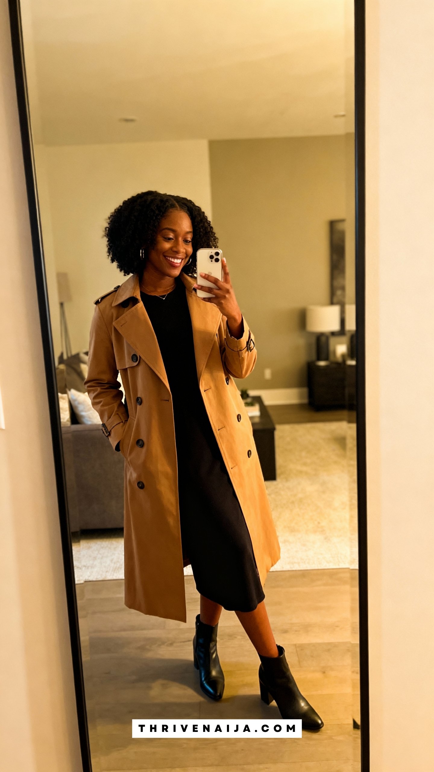 Camel Trench with Black Dress and Boots