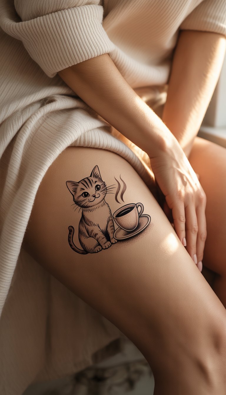 Cat and Coffee Cup Tattoo