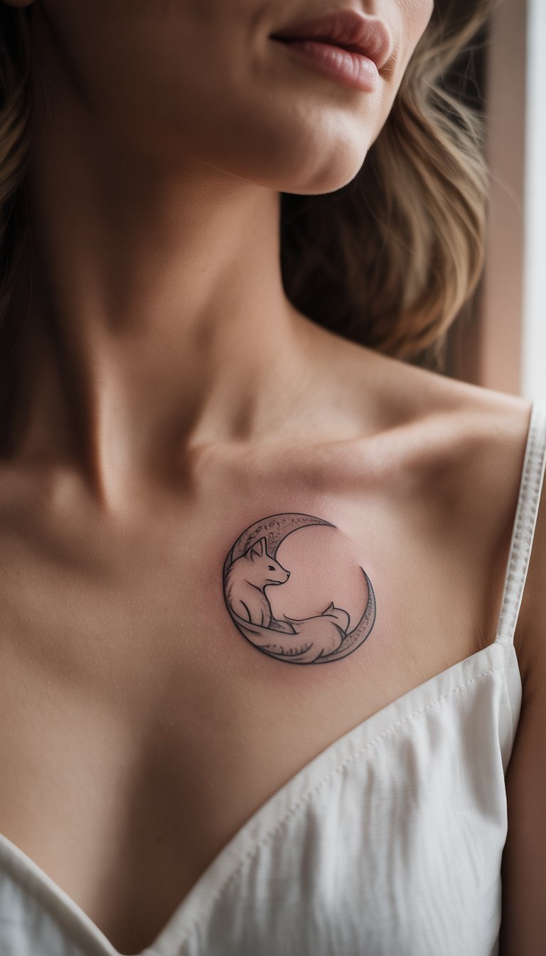 Cat and Moon Tattoo
