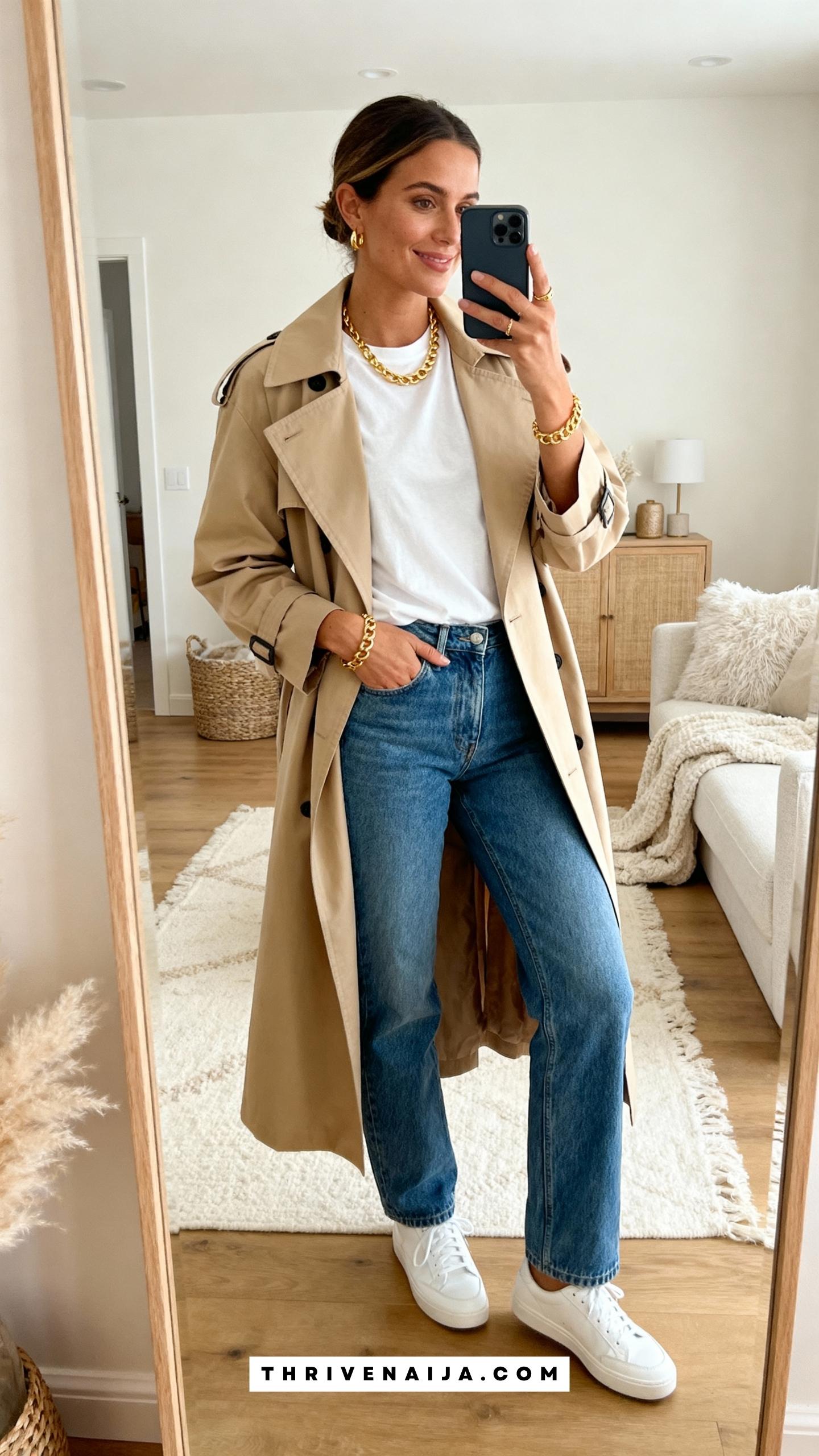 Classic Beige Trench with Jeans and White Tee