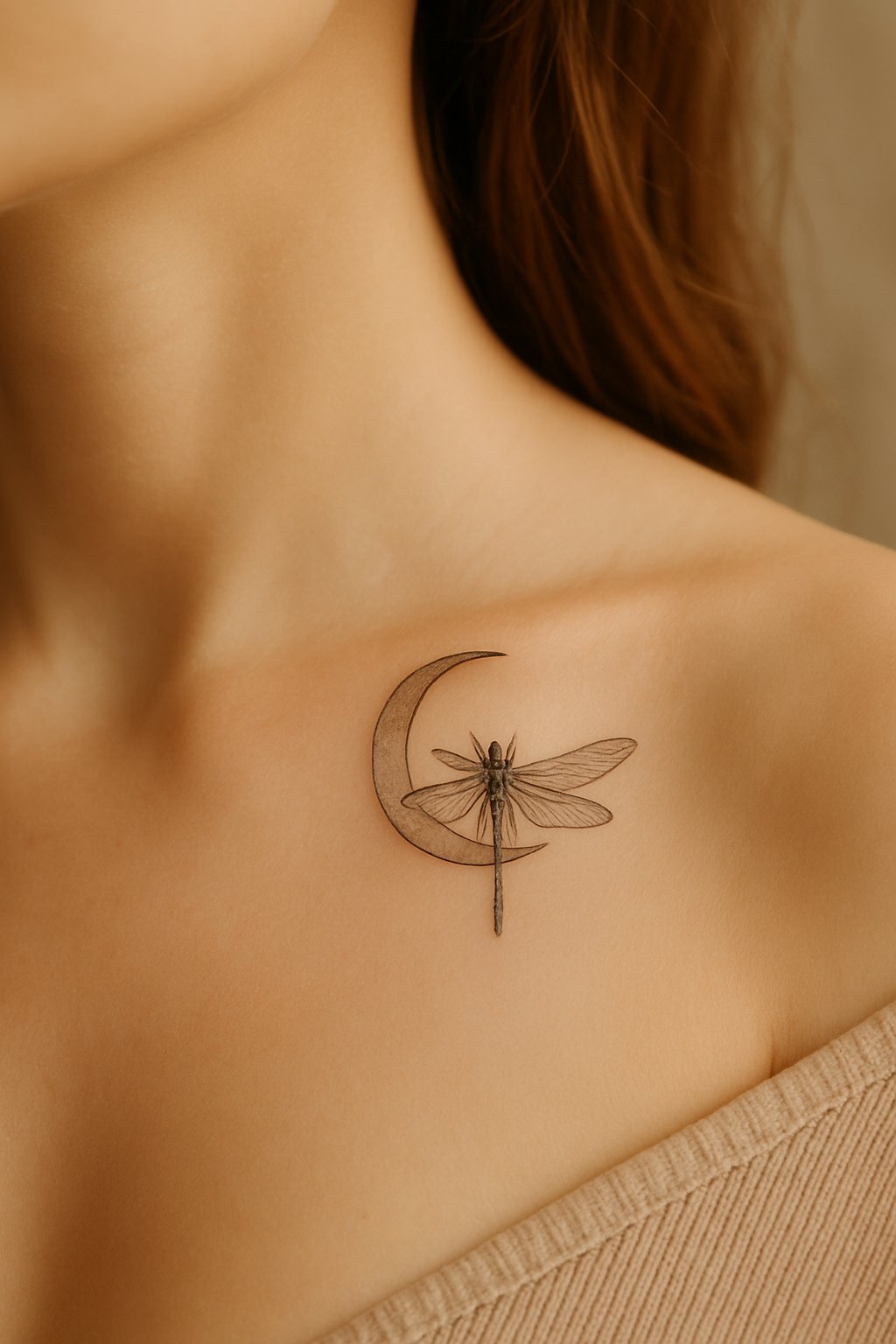Crescent Moon Dragonfly Tattoo