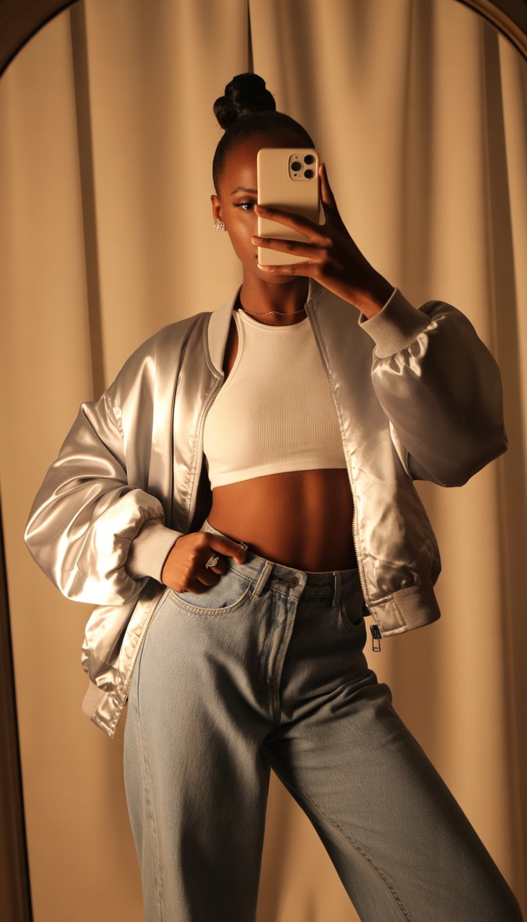 Crop Top with High-Waisted Jeans and Statement Jacket