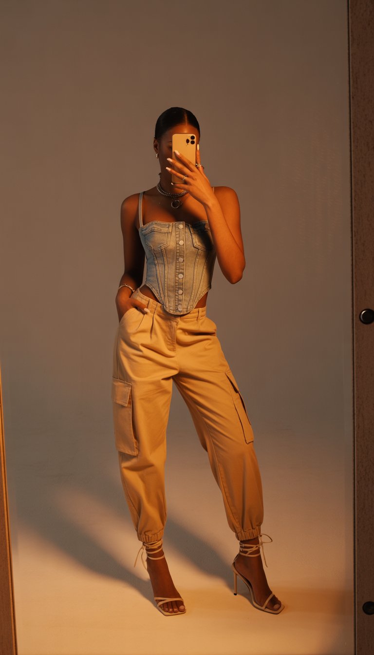Denim Corset Top with Cargo Pants and Heels
