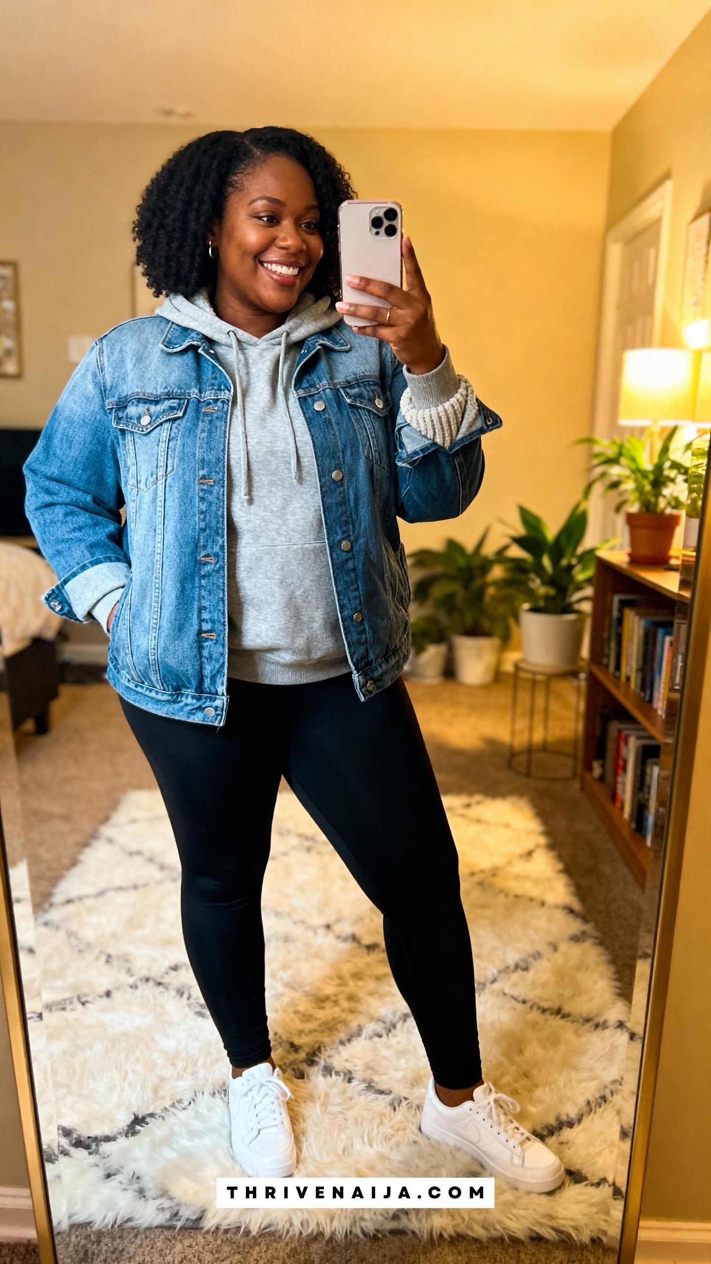 Denim Jacket with Hoodie and Leggings