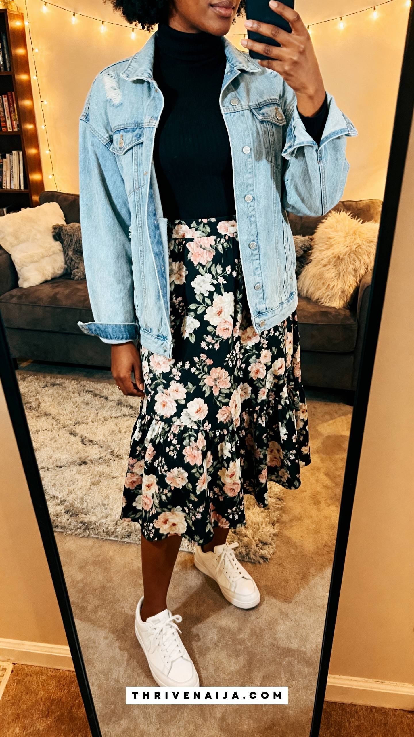 Denim Jacket with Turtleneck and Skirt