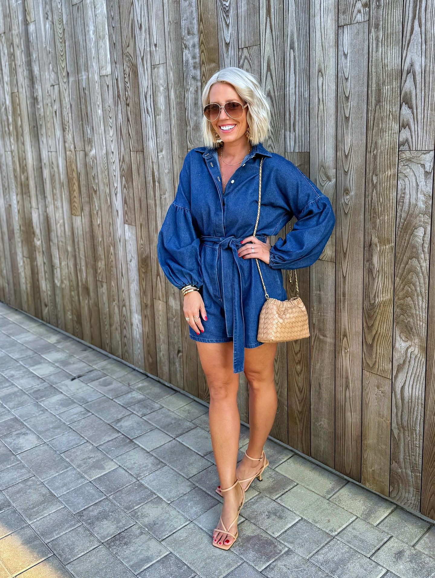 Denim Romper with Low Heels