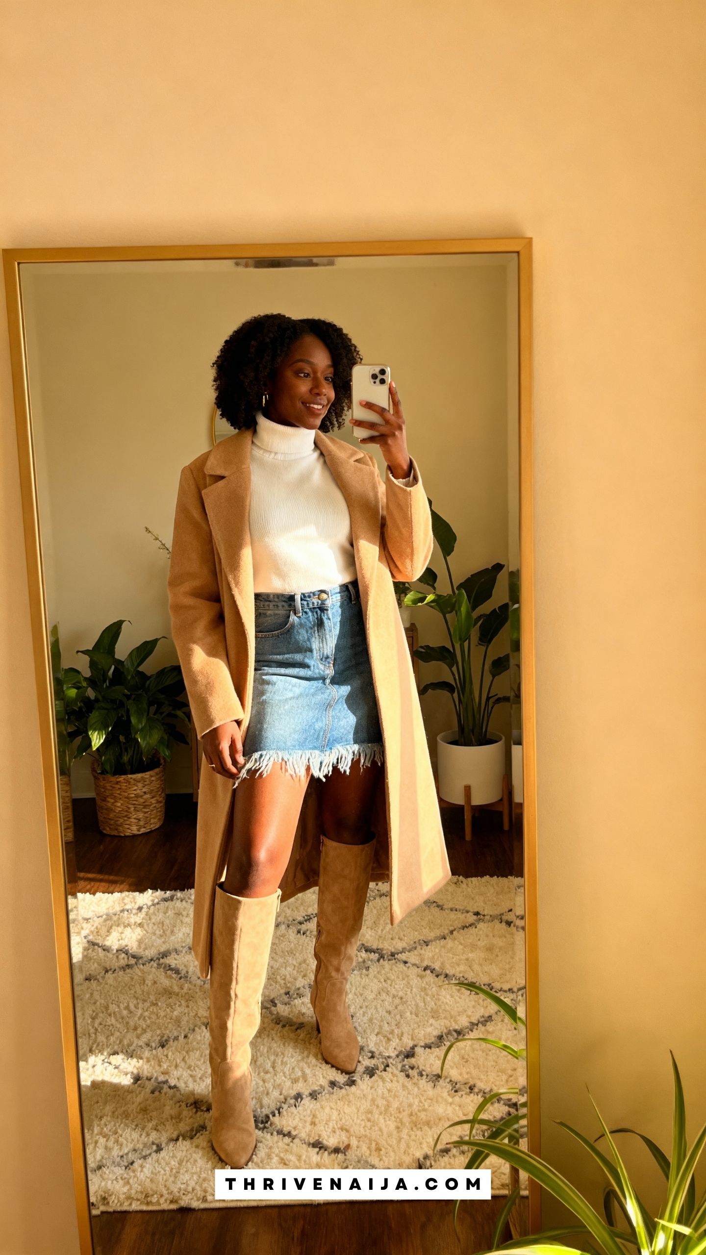 Denim Skirt with Turtleneck and Coat