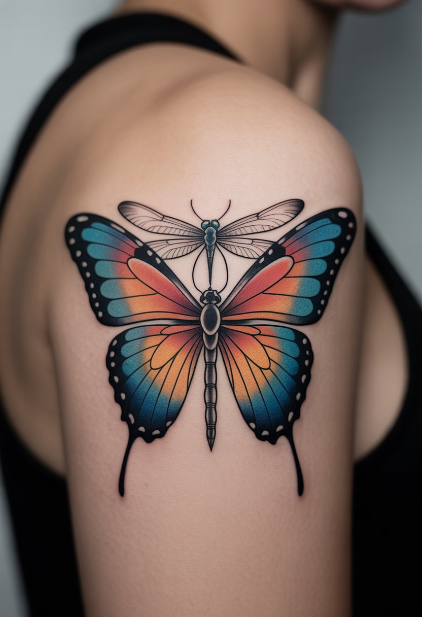 Dragonfly and Butterfly Combo Tattoo