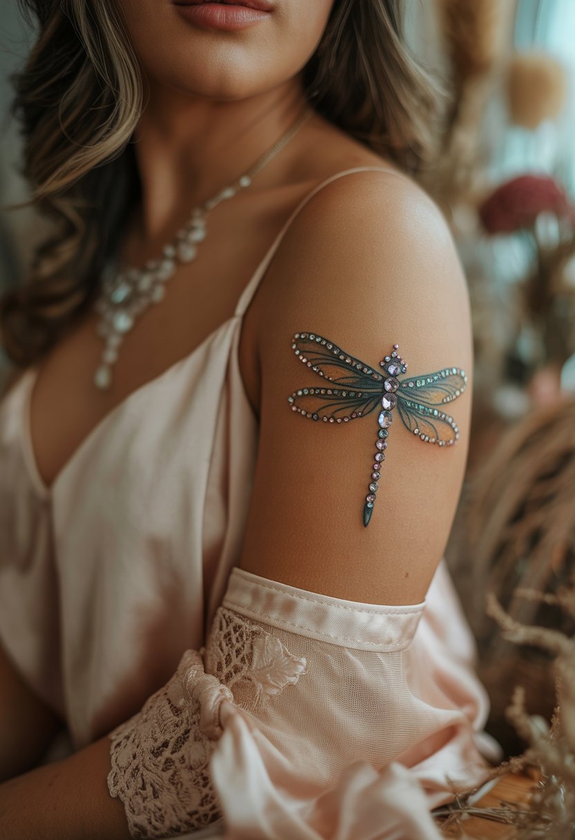 Dragonfly with Crystals Tattoo