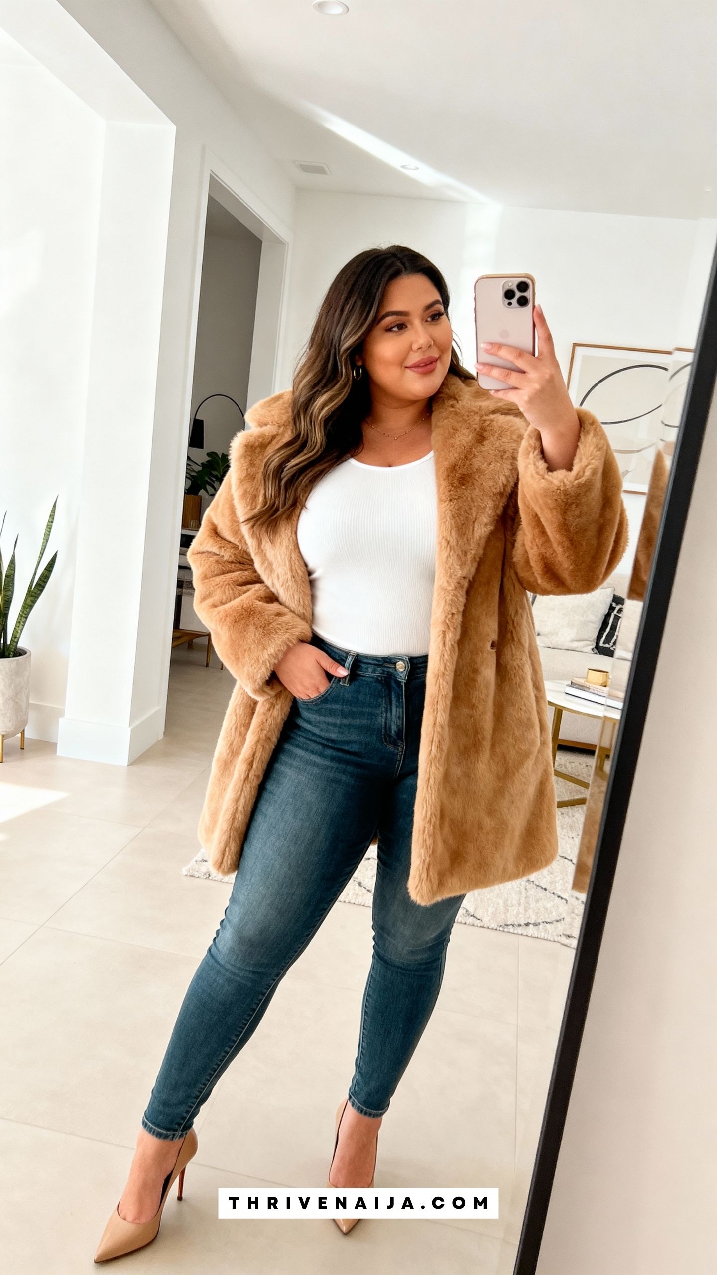 Faux Fur Coat with Denim and Heels