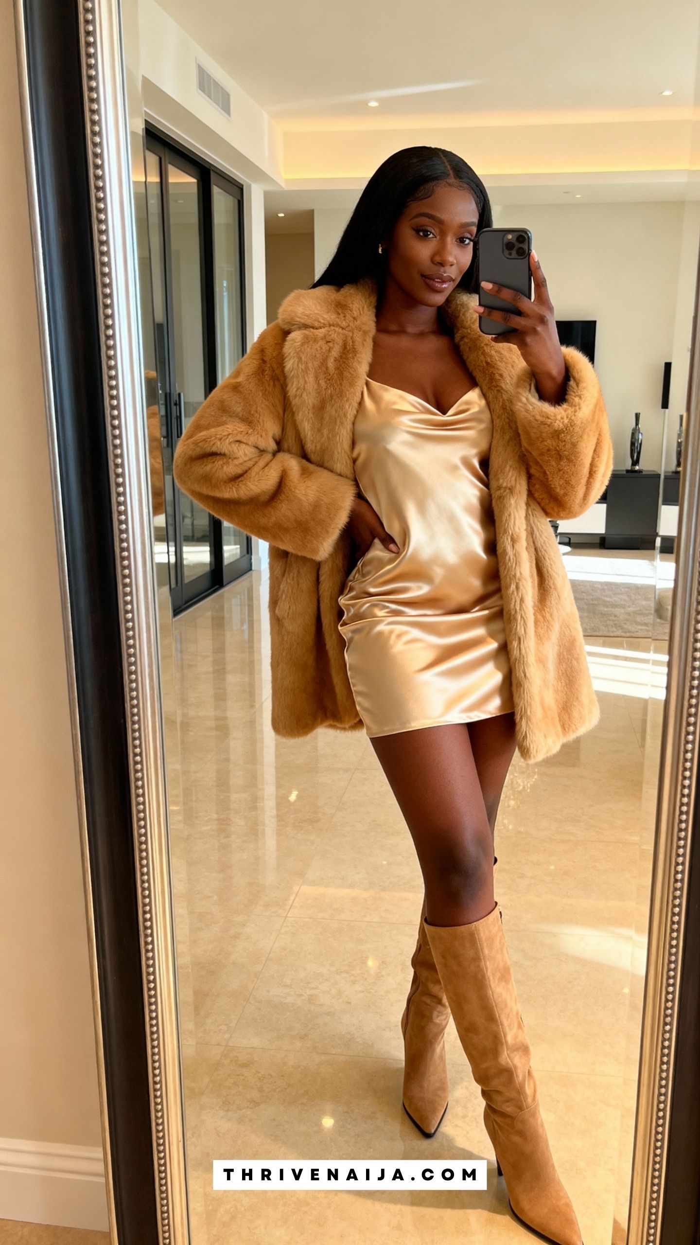 Faux Fur Coat with Satin Mini Dress