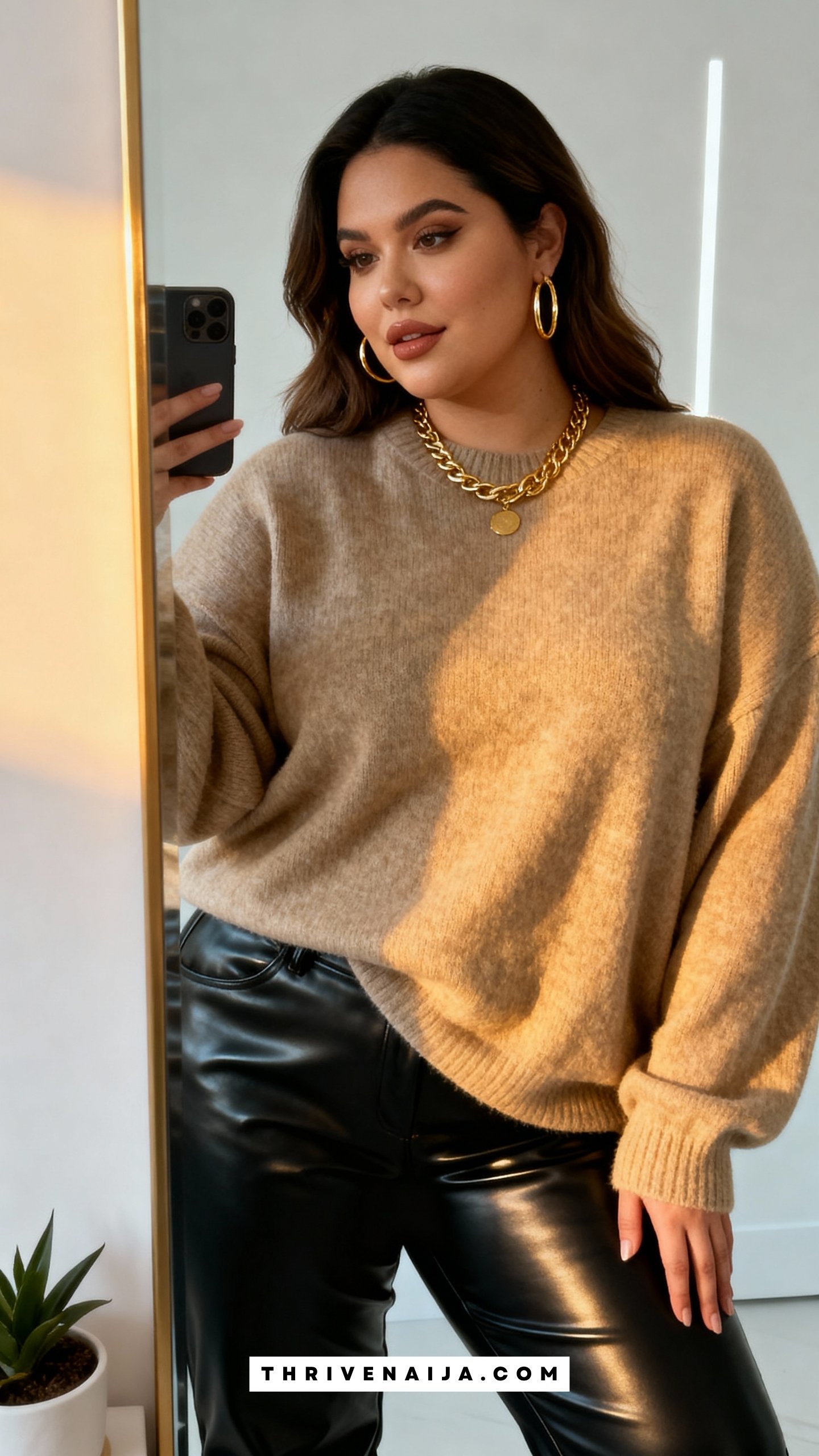 Faux Leather Pants with Oversized Sweater