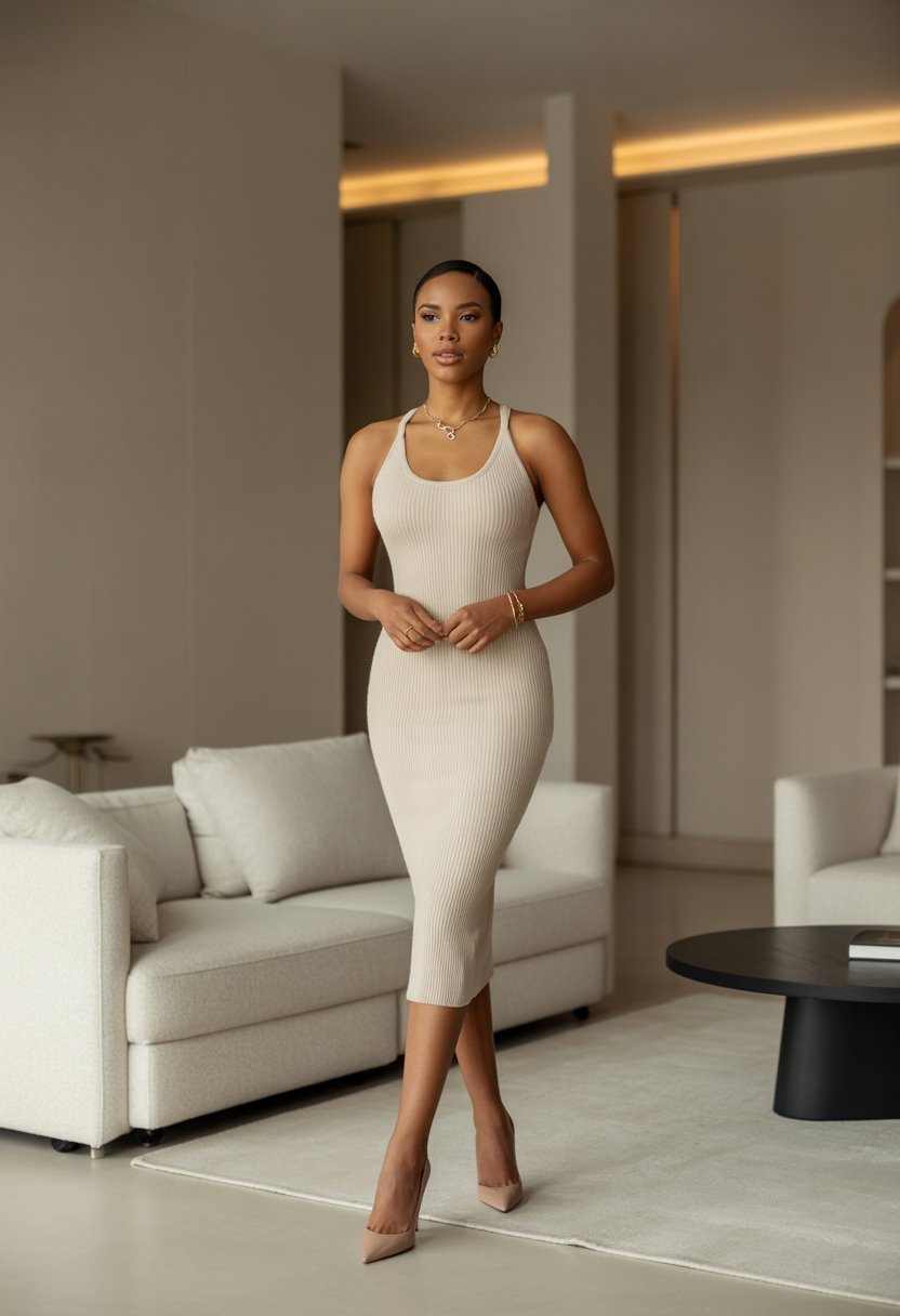 Fitted Knit Dress with Gold Jewelry