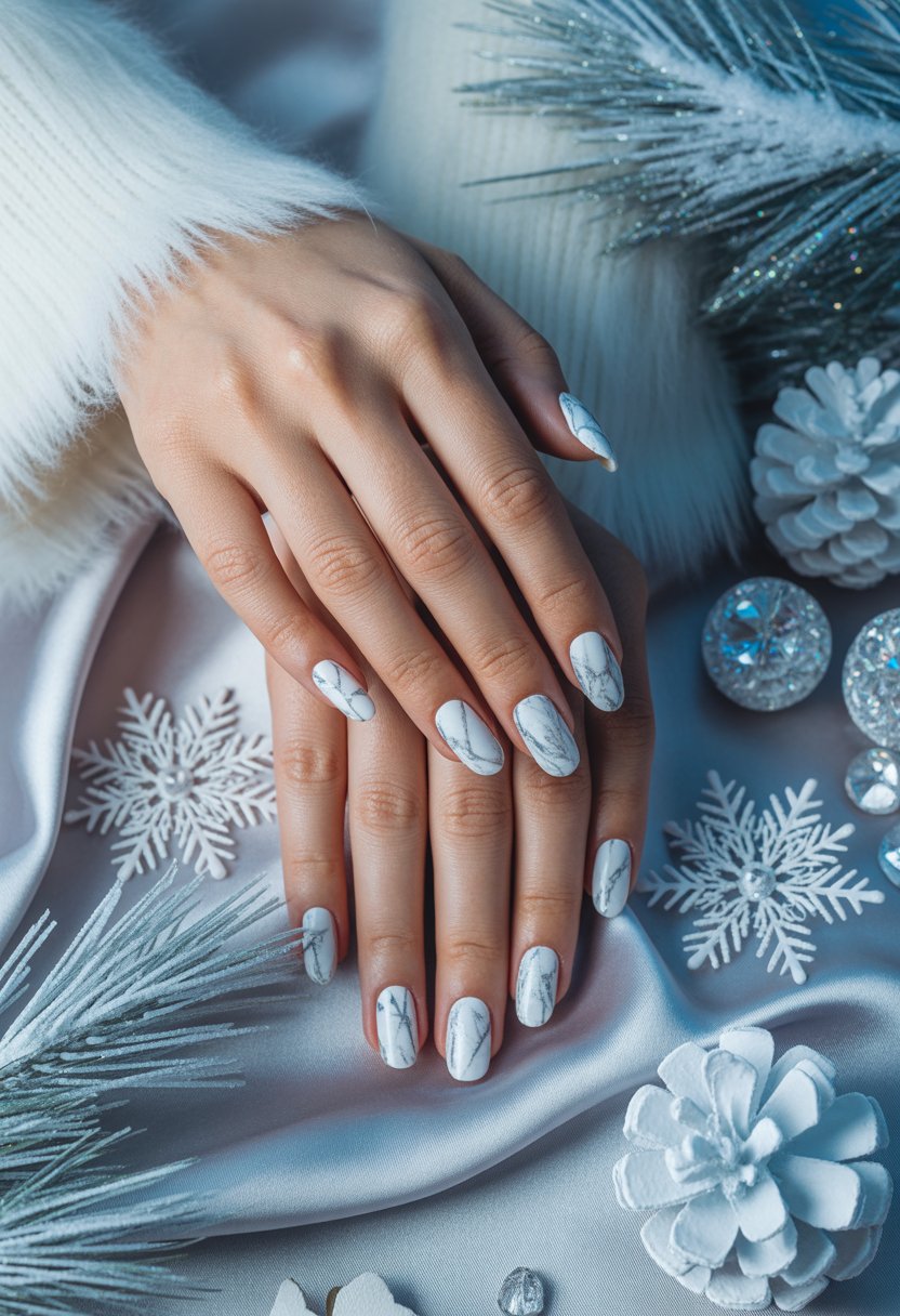 Frosted White Marble Christmas Nails