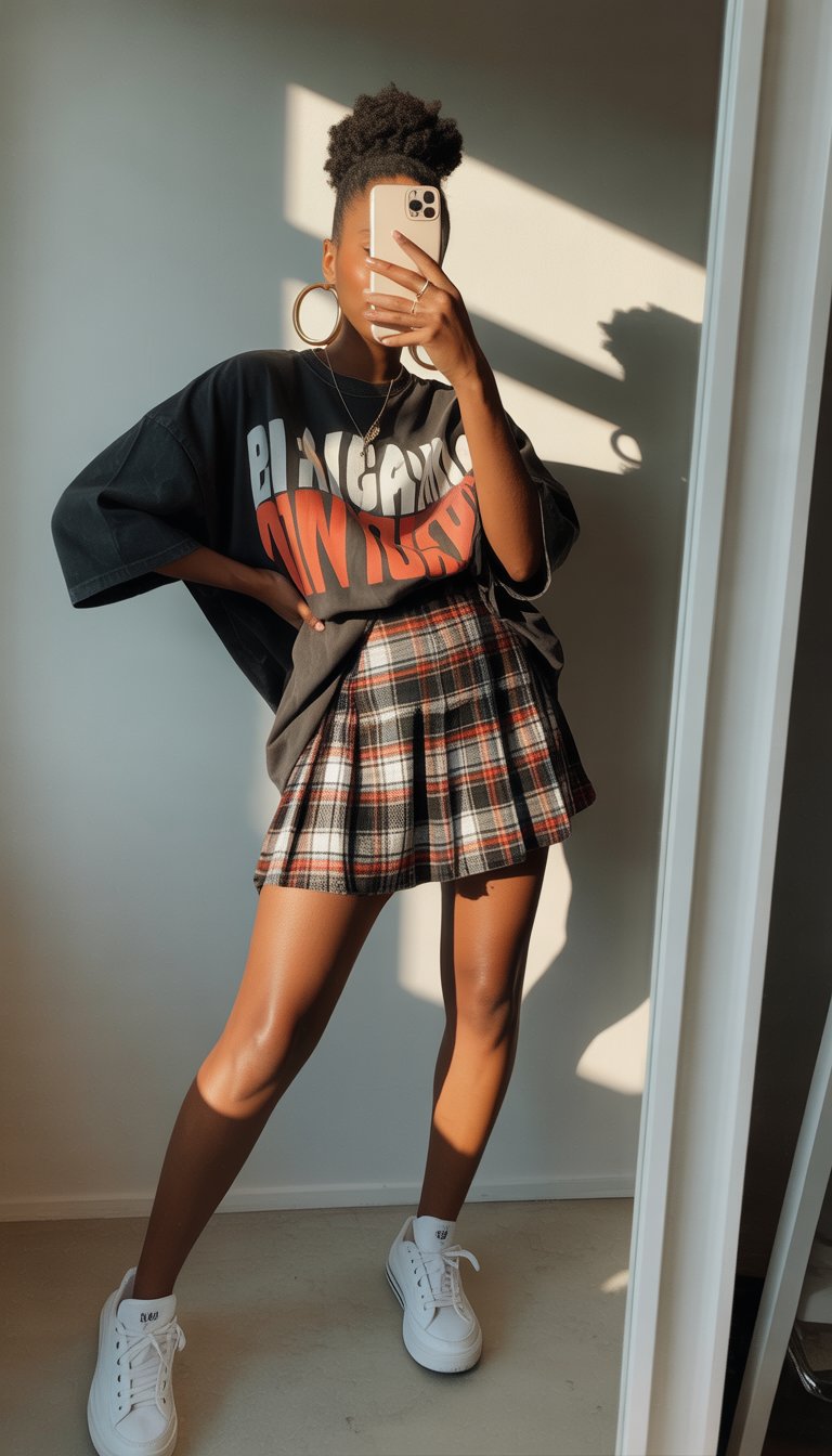 Graphic Tee with Mini Skirt and Sneakers