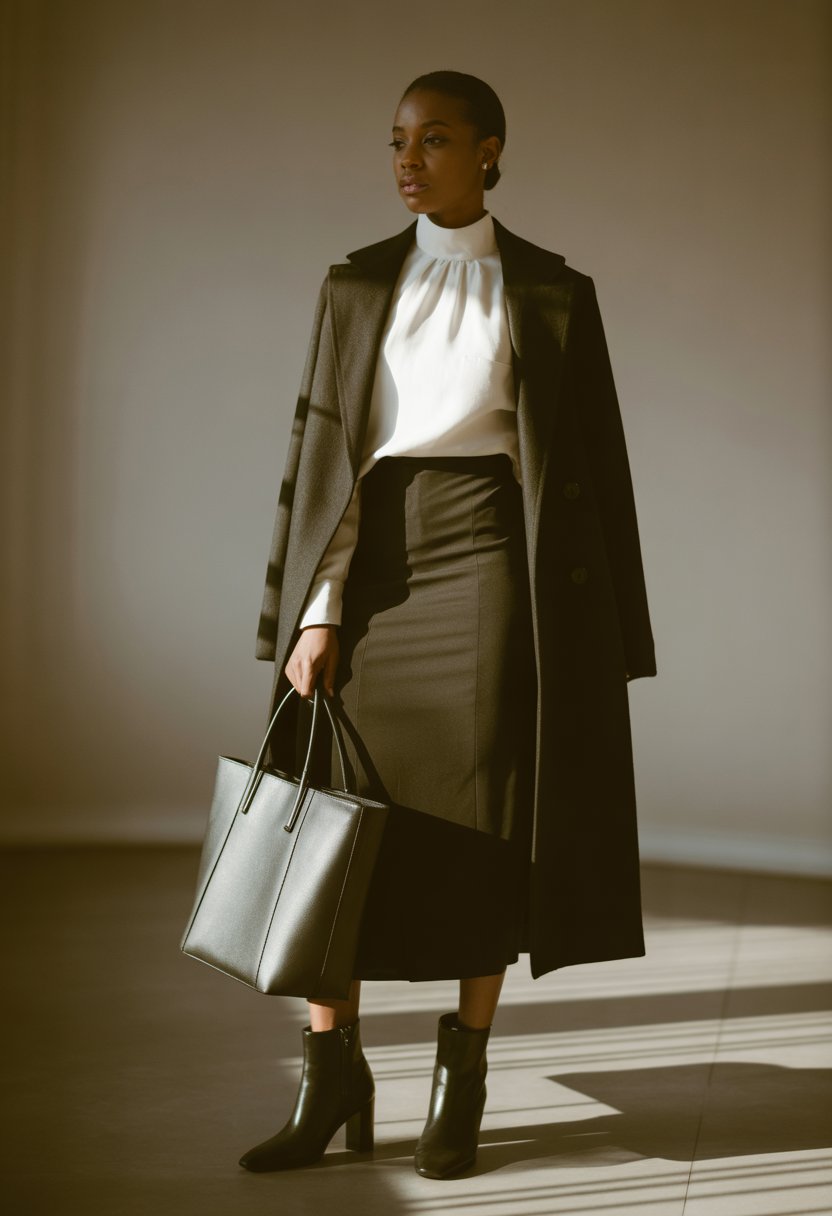 High-Neck Blouse with Midi Skirt and Coat