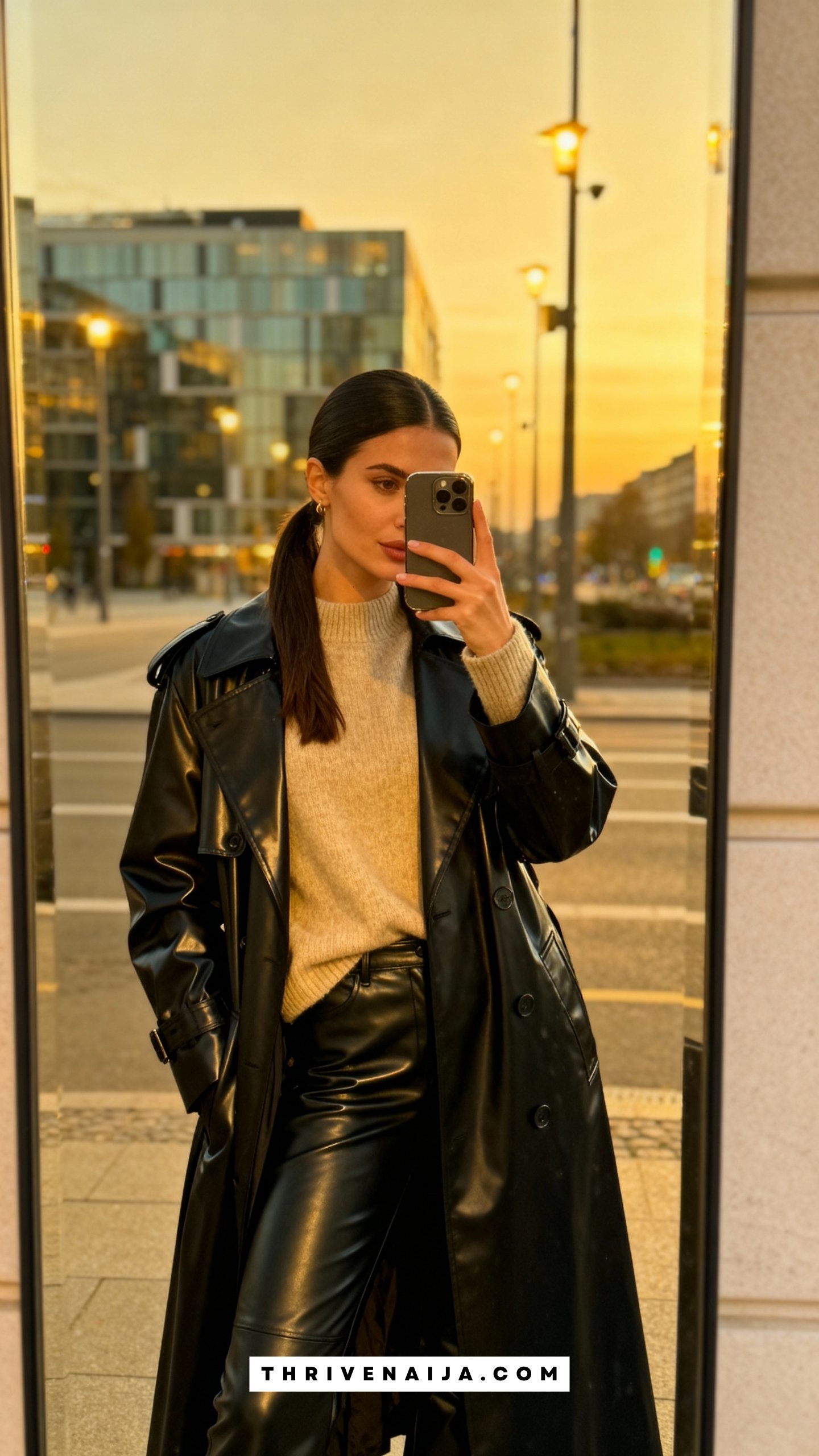 Long Black Trench with Leather Pants