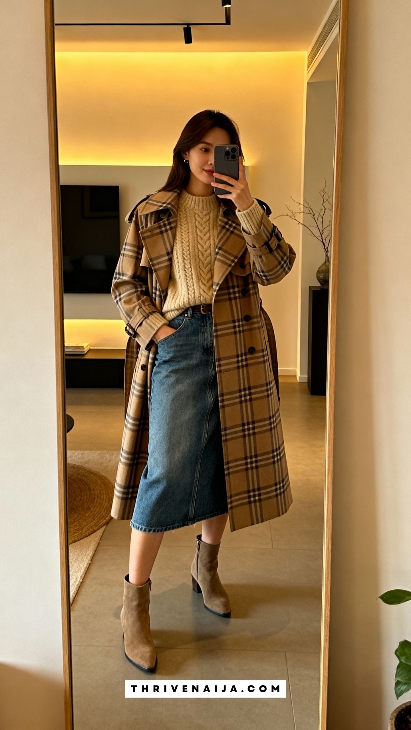 Long Plaid Trench with Denim Skirt