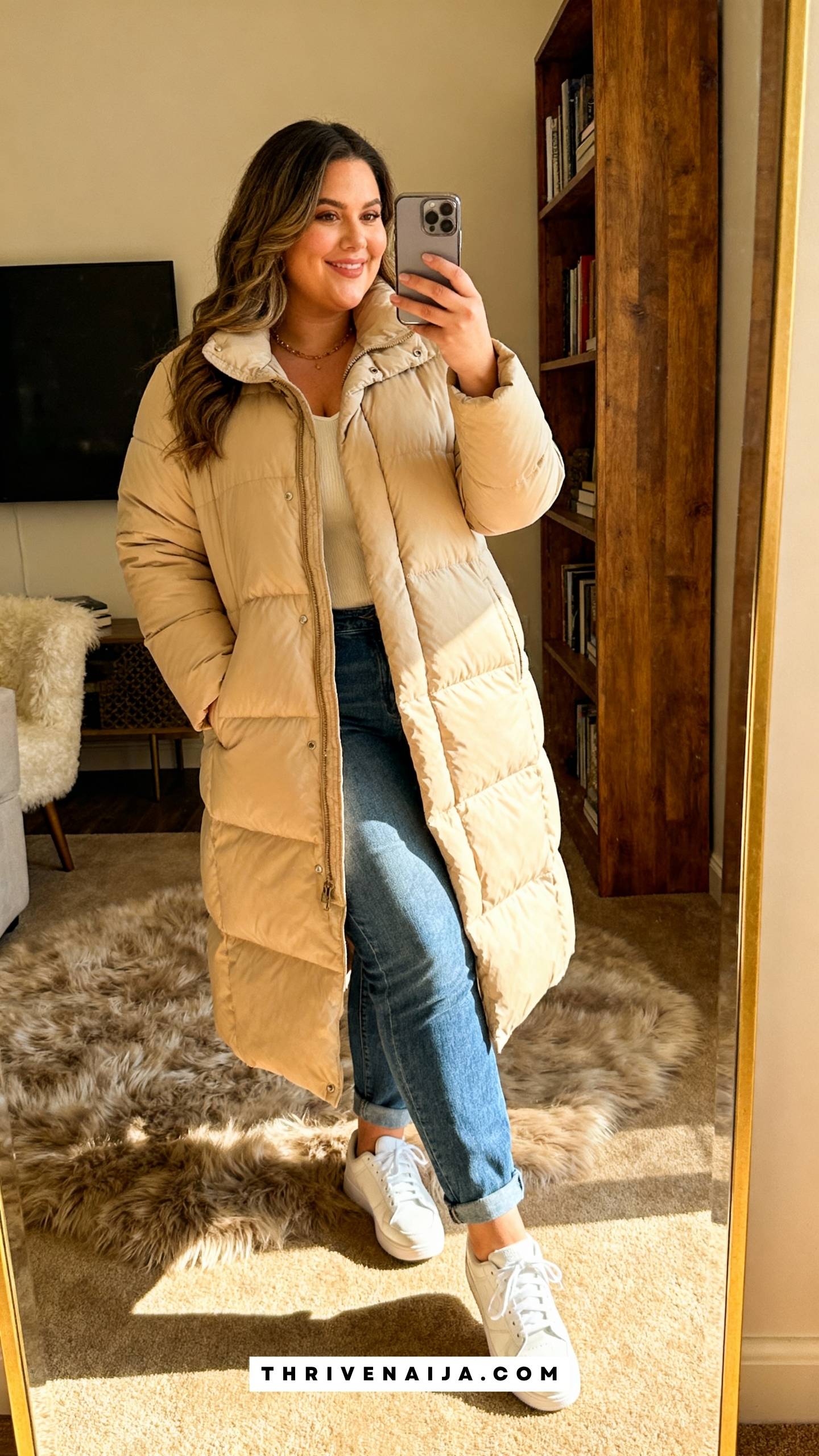 Longline Puffer Coat with Jeans