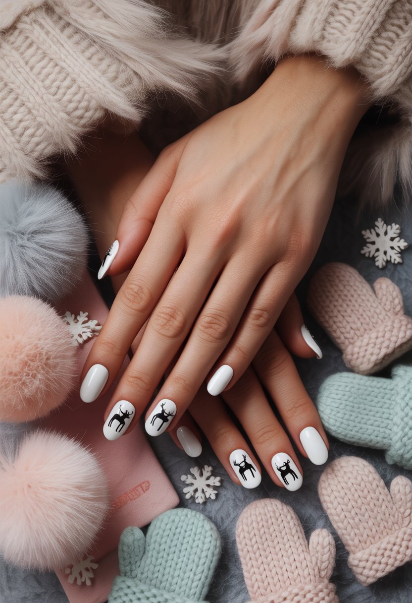 Matte White Reindeer Nails