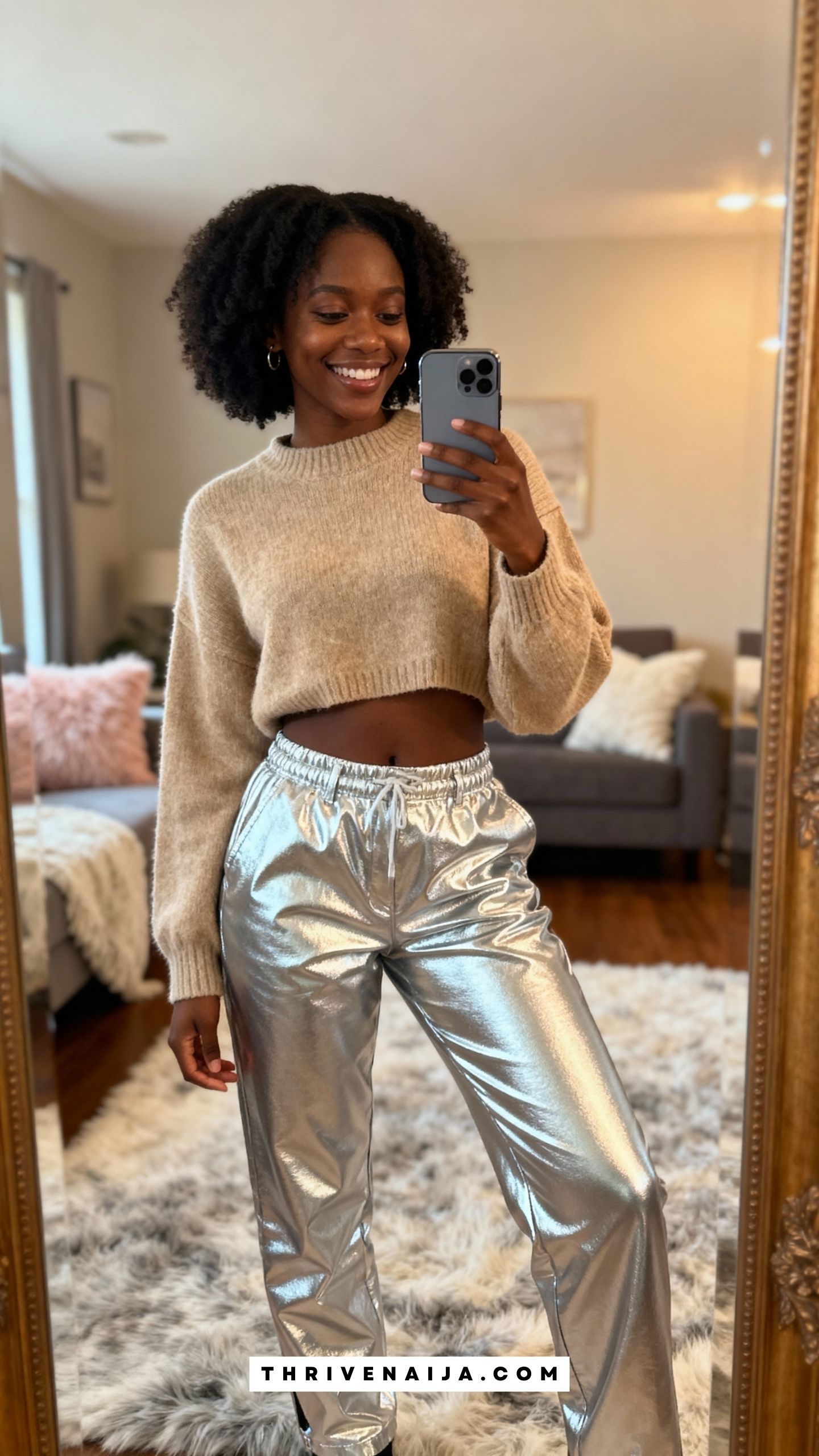 Metallic Pants with Cropped Sweater