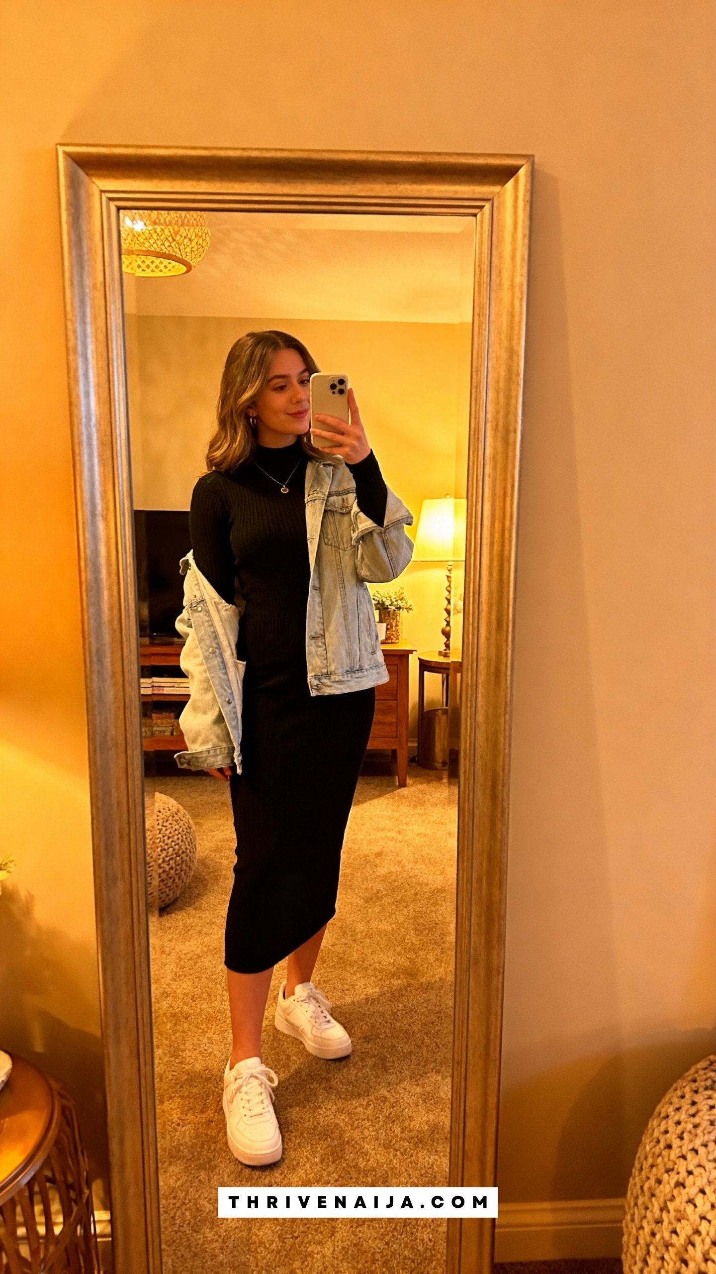 Midi Dress with Denim Jacket and Sneakers