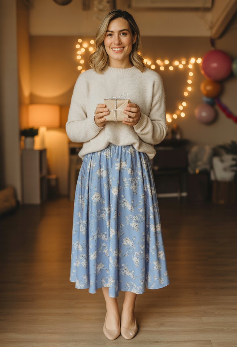 Midi Skirt with Cozy Sweater and Flats