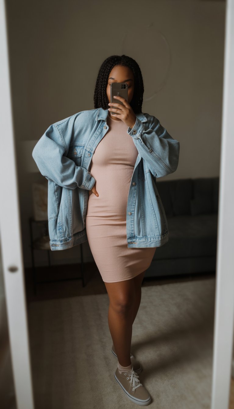 Oversized Denim Jacket with Bodycon Dress