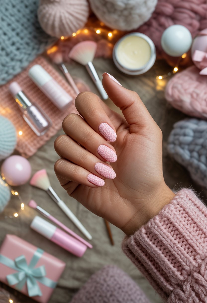 Pink Christmas Sweater Nails