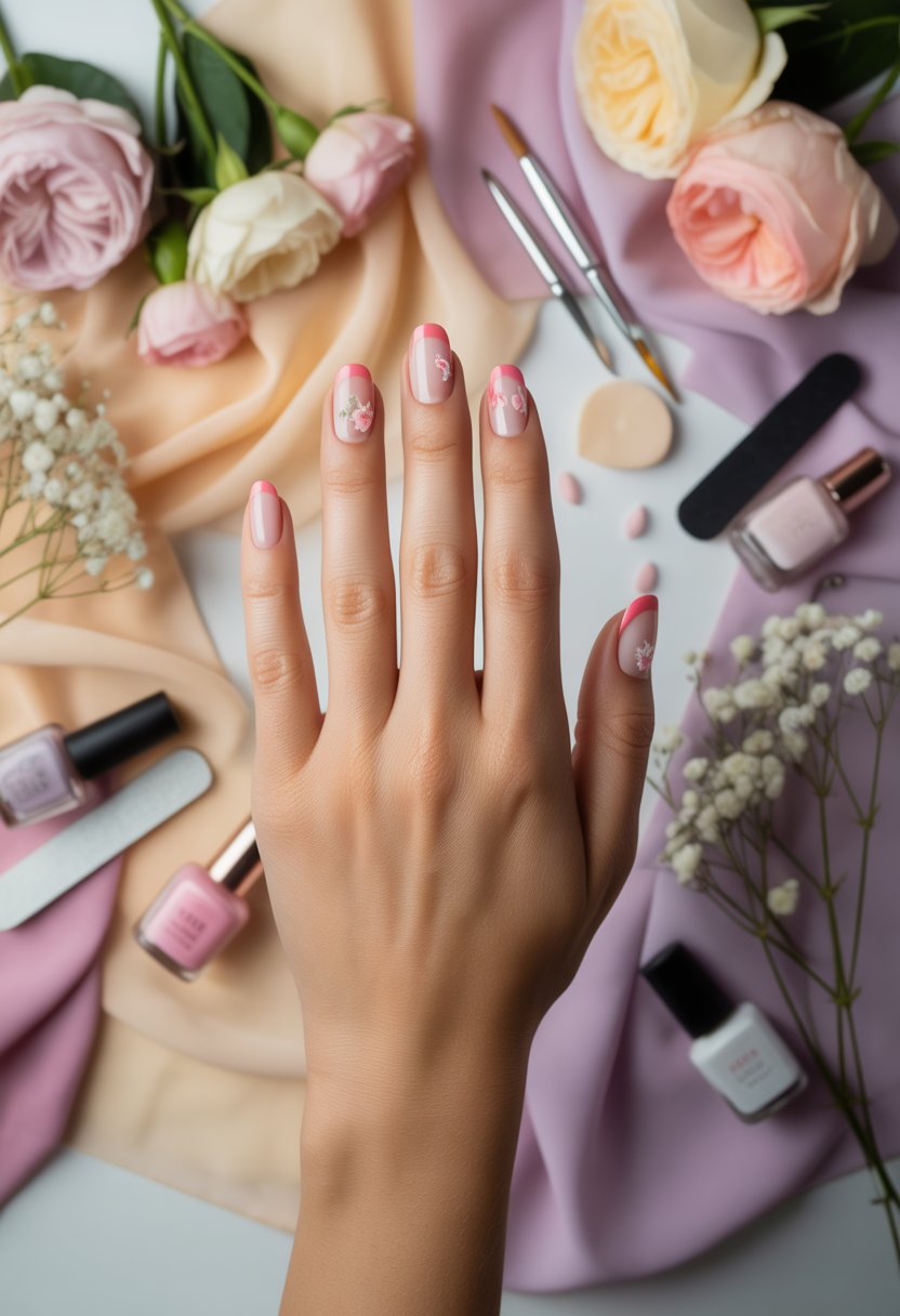 Pink French Tips with Floral Accents