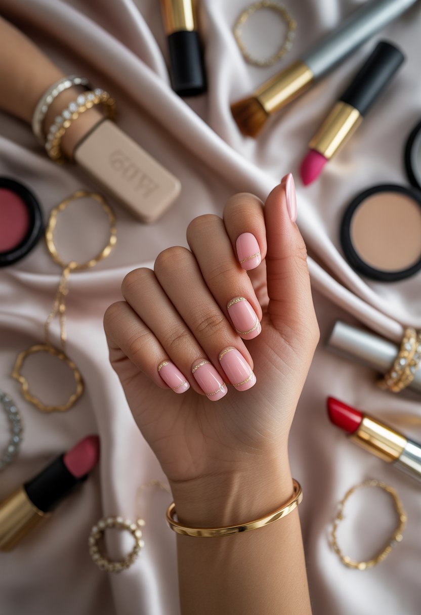 Pink French Tips with Gold Lines