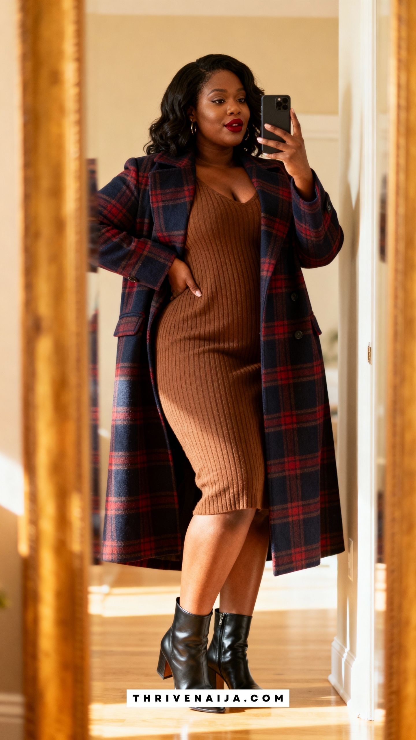 Plaid Coat with Knit Dress
