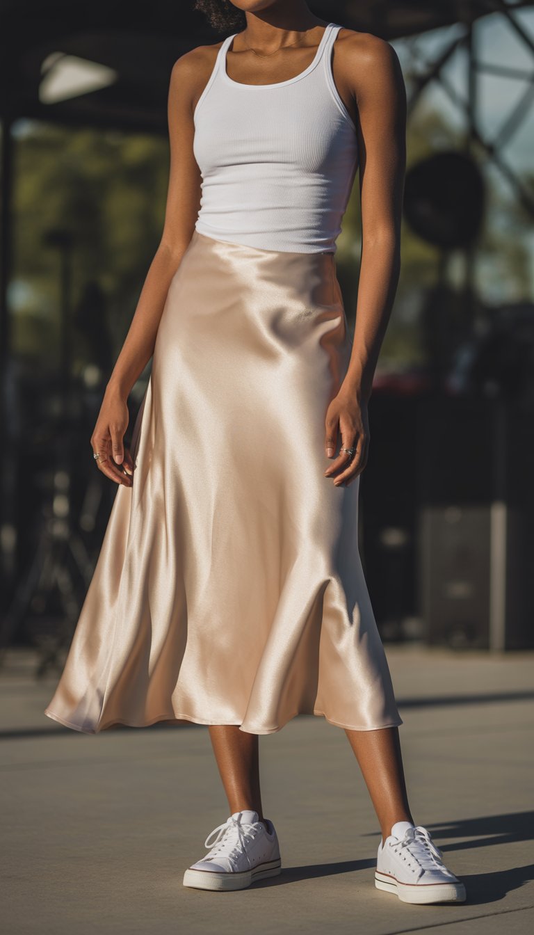 Satin Midi Skirt with Fitted Tank and Sneakers