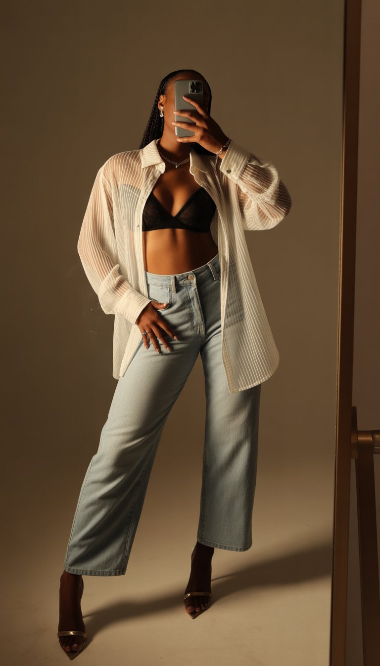 Sheer Button-Up Shirt with Bralette and Jeans
