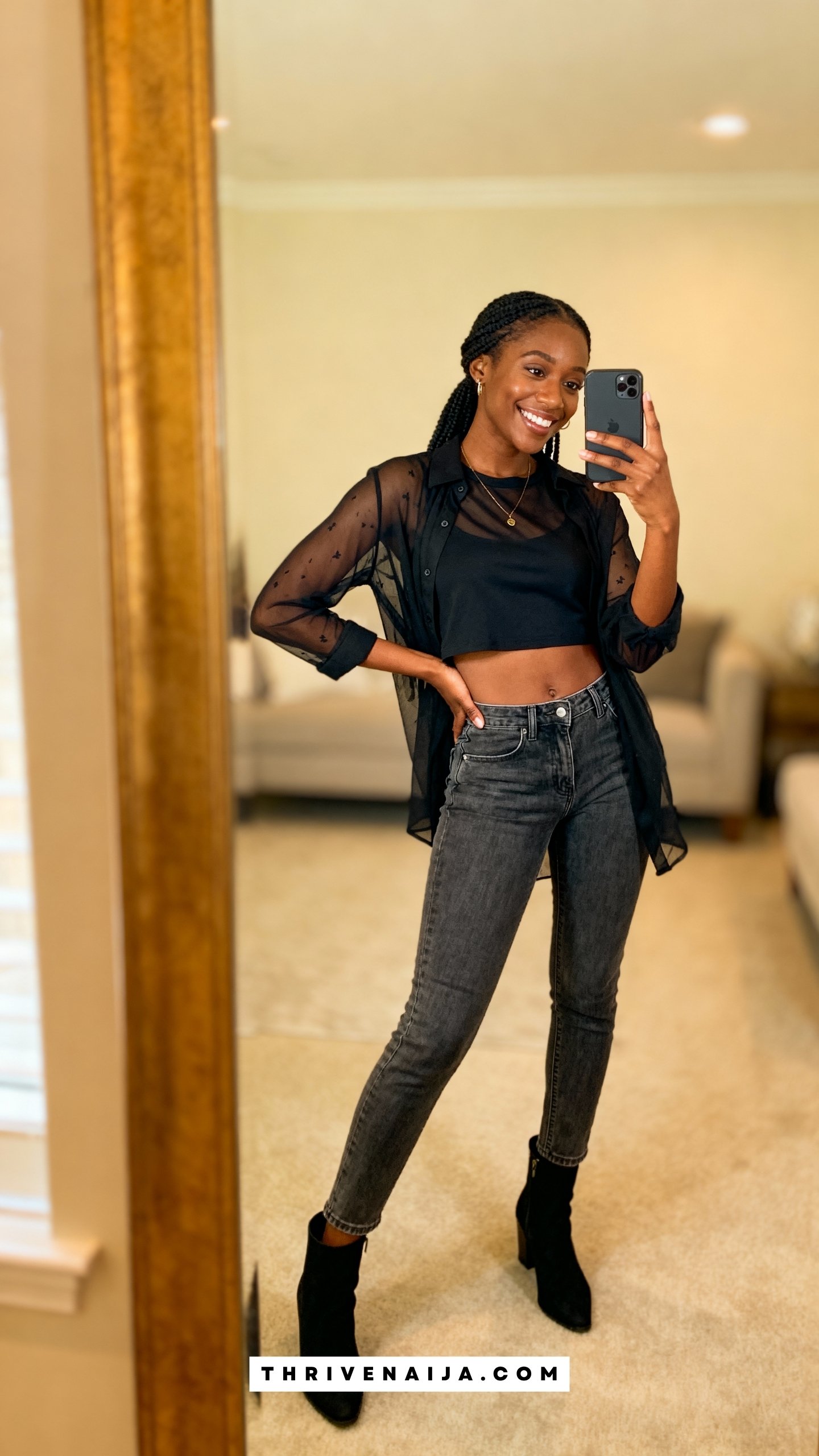 Sheer Top with High-Waisted Jeans