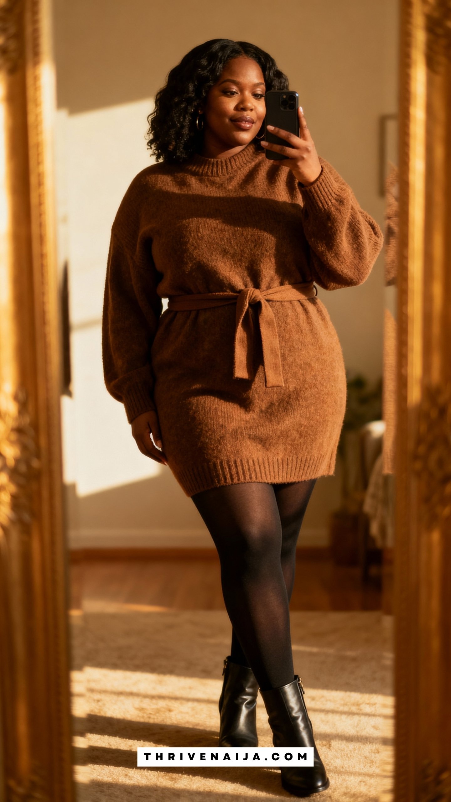 Sweater Dress with Belt and Tights